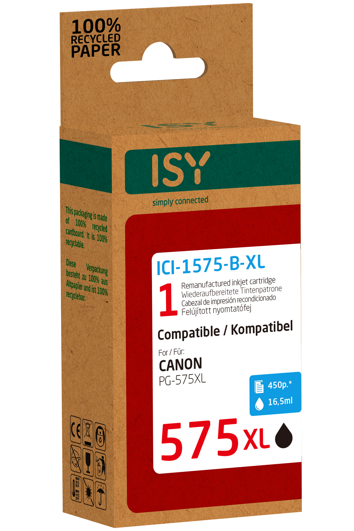 Tintenpatronenbox. Braun und grün. Text beinhaltet ISY, ICI-1575-B-XL, Canon, und 575XL.