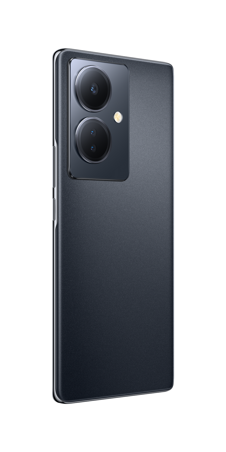 Vista trasera de smartphone, color negro. Con configuración de cámara dual y diseño minimalista.
