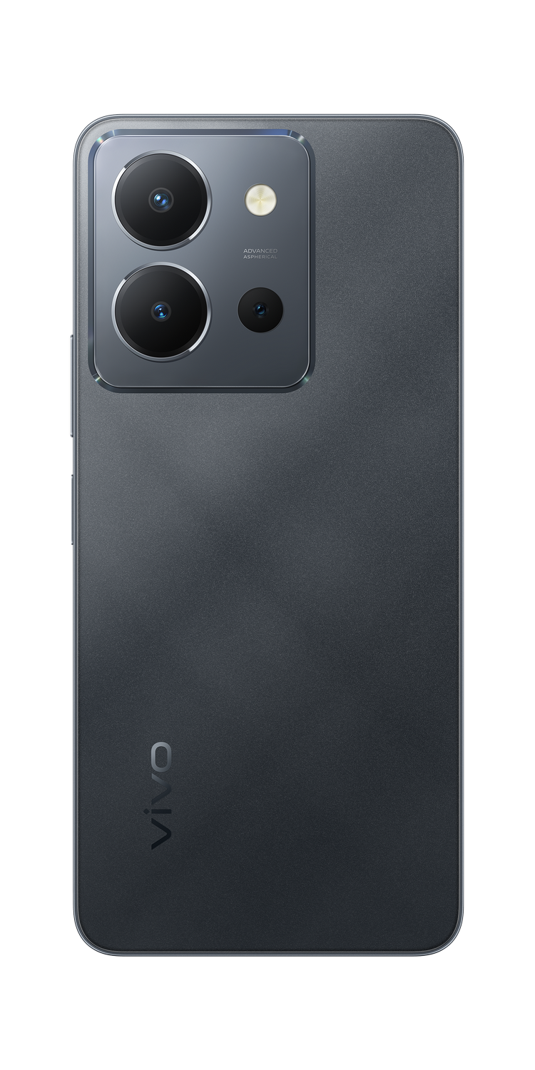 Un teléfono inteligente gris oscuro con cámara dual, fondo negro. La parte trasera tiene el logo de Vivo.