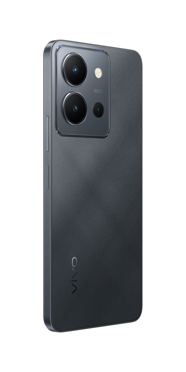 Un teléfono inteligente gris por detrás. La cámara es visible. La parte trasera es gris oscuro.