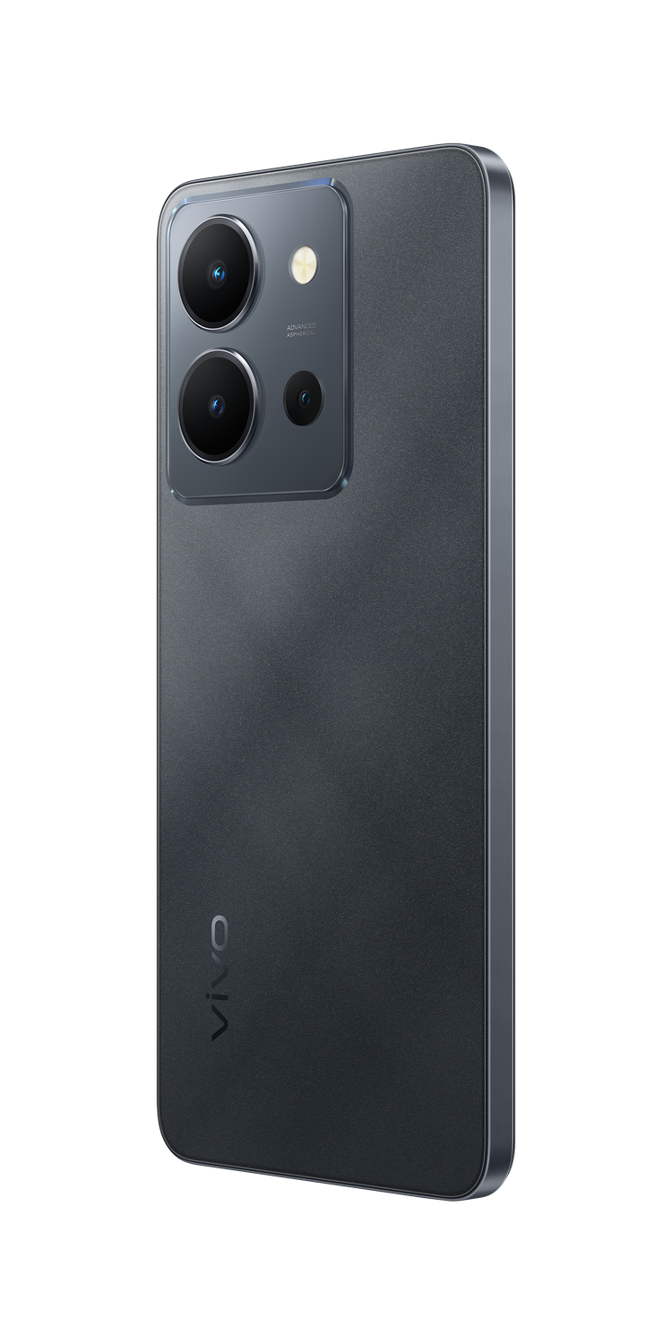 Teléfono azul oscuro con dos cámaras traseras. La parte trasera del teléfono tiene una superficie texturizada. Logo Vivo.