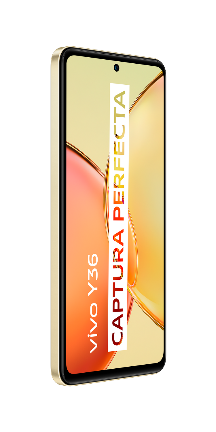 Un teléfono inteligente en posición vertical. La pantalla dice, "CAPUTRA PERFECTA" y "vivo Y36".