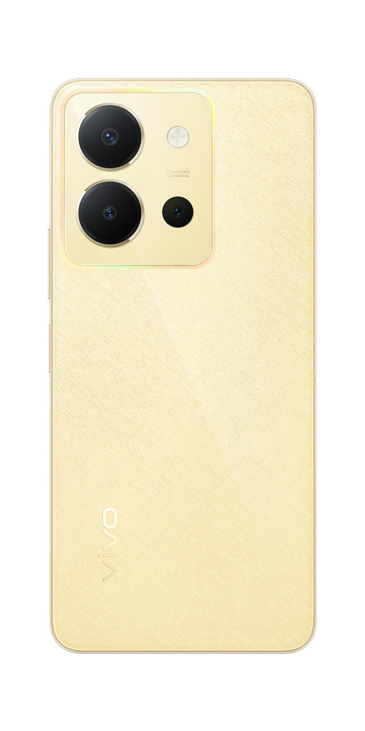 Un teléfono dorado con una matriz de cámara alineada verticalmente sobre un fondo negro.