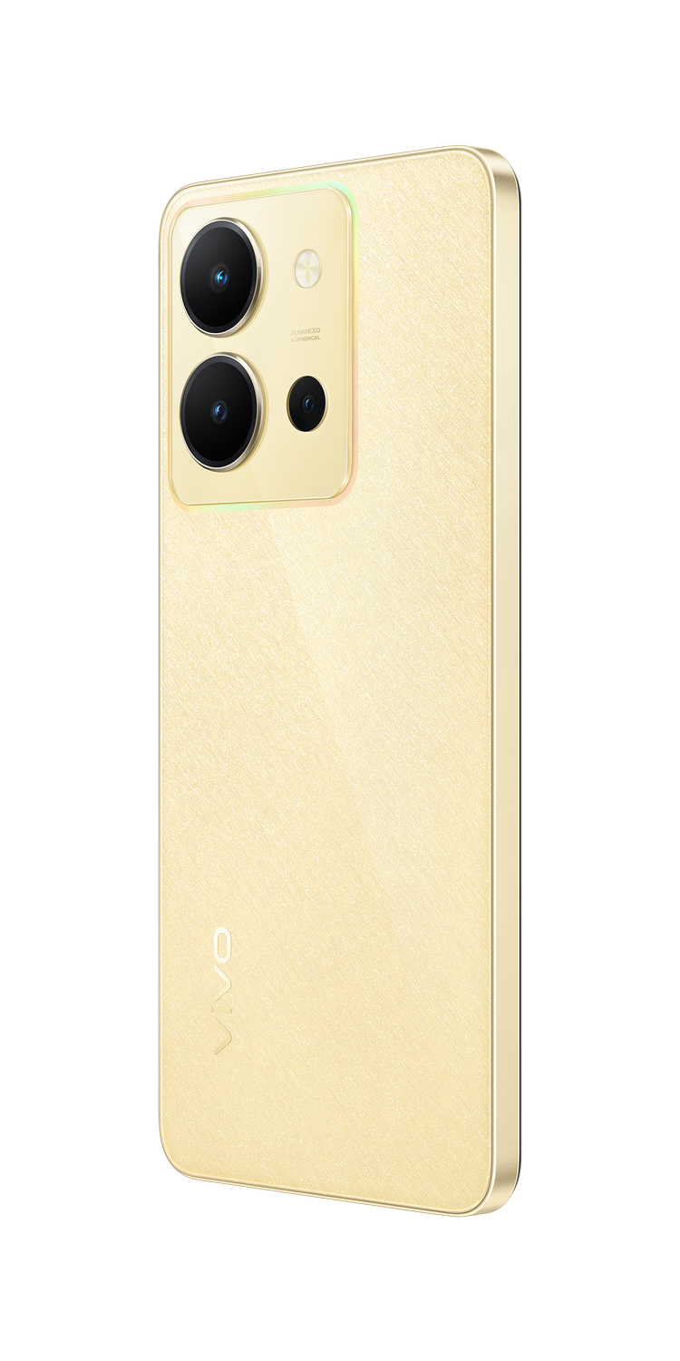 Un teléfono inteligente dorado con un módulo de cámara y el logotipo de vivo.