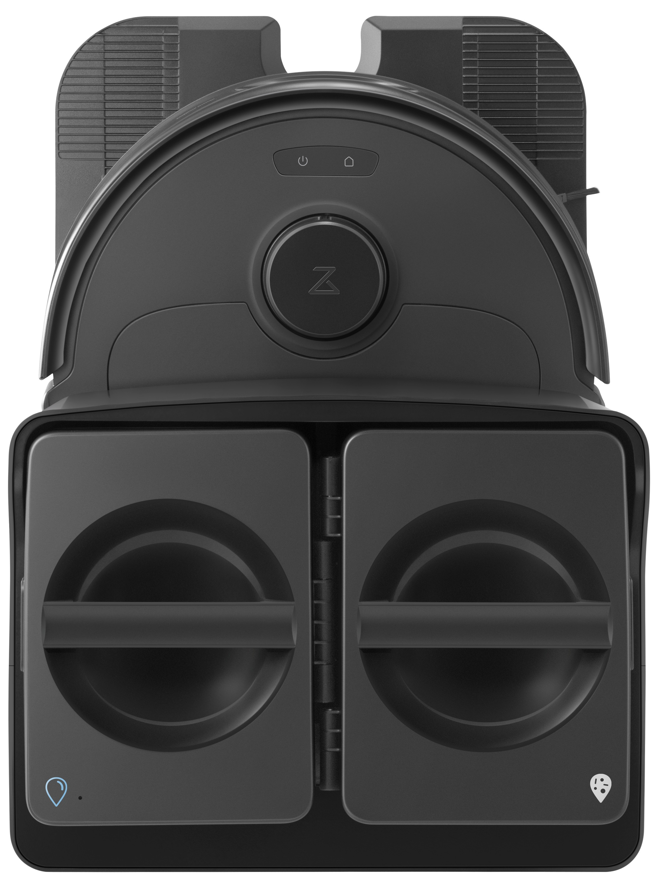 Widok z góry na ciemnoszary odkurzacz automatyczny z podstawą stacji ładującej.