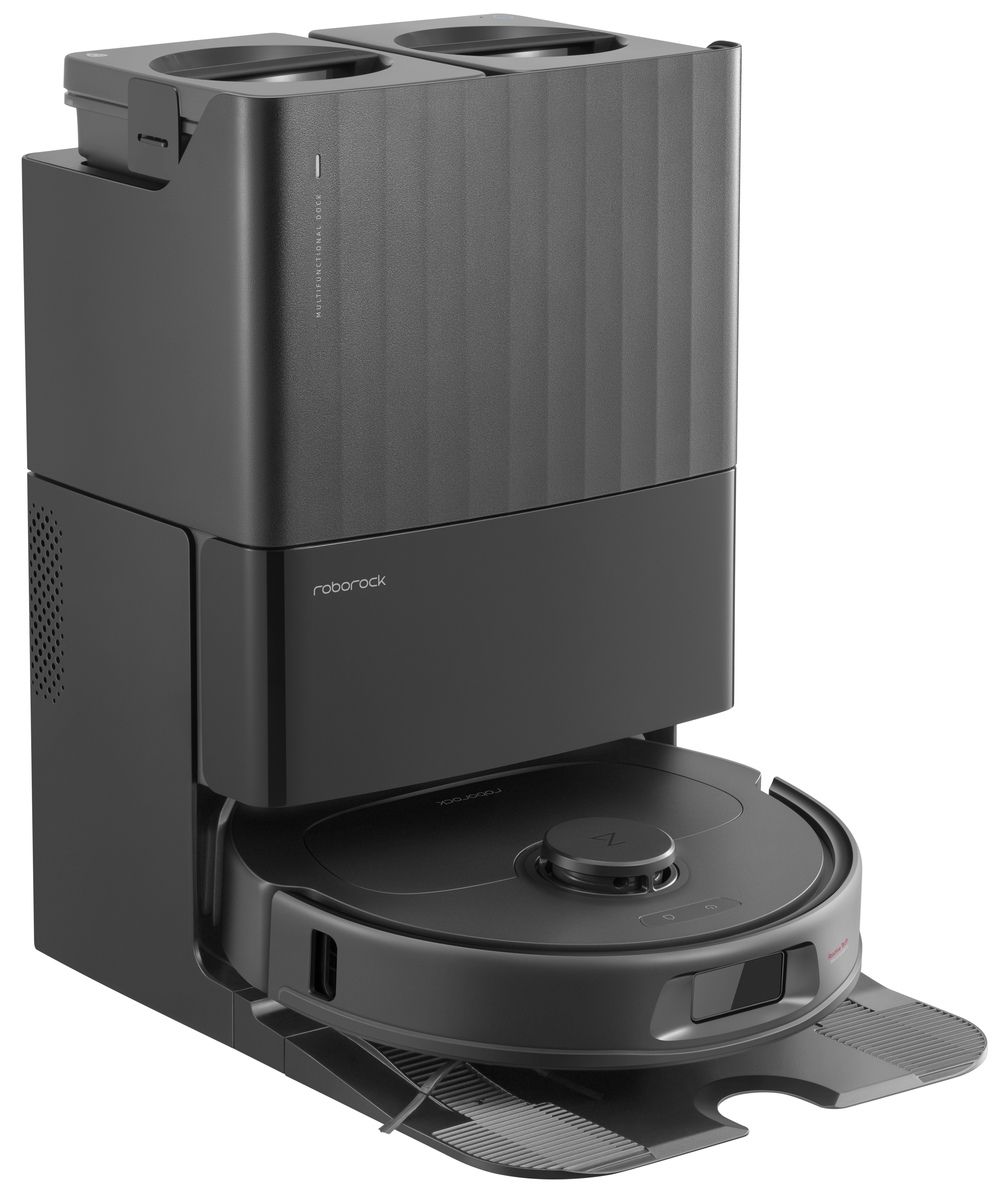 Czarny odkurzacz Roborock i jego stacja ładująca. Odkurzacz jest okrągły.
