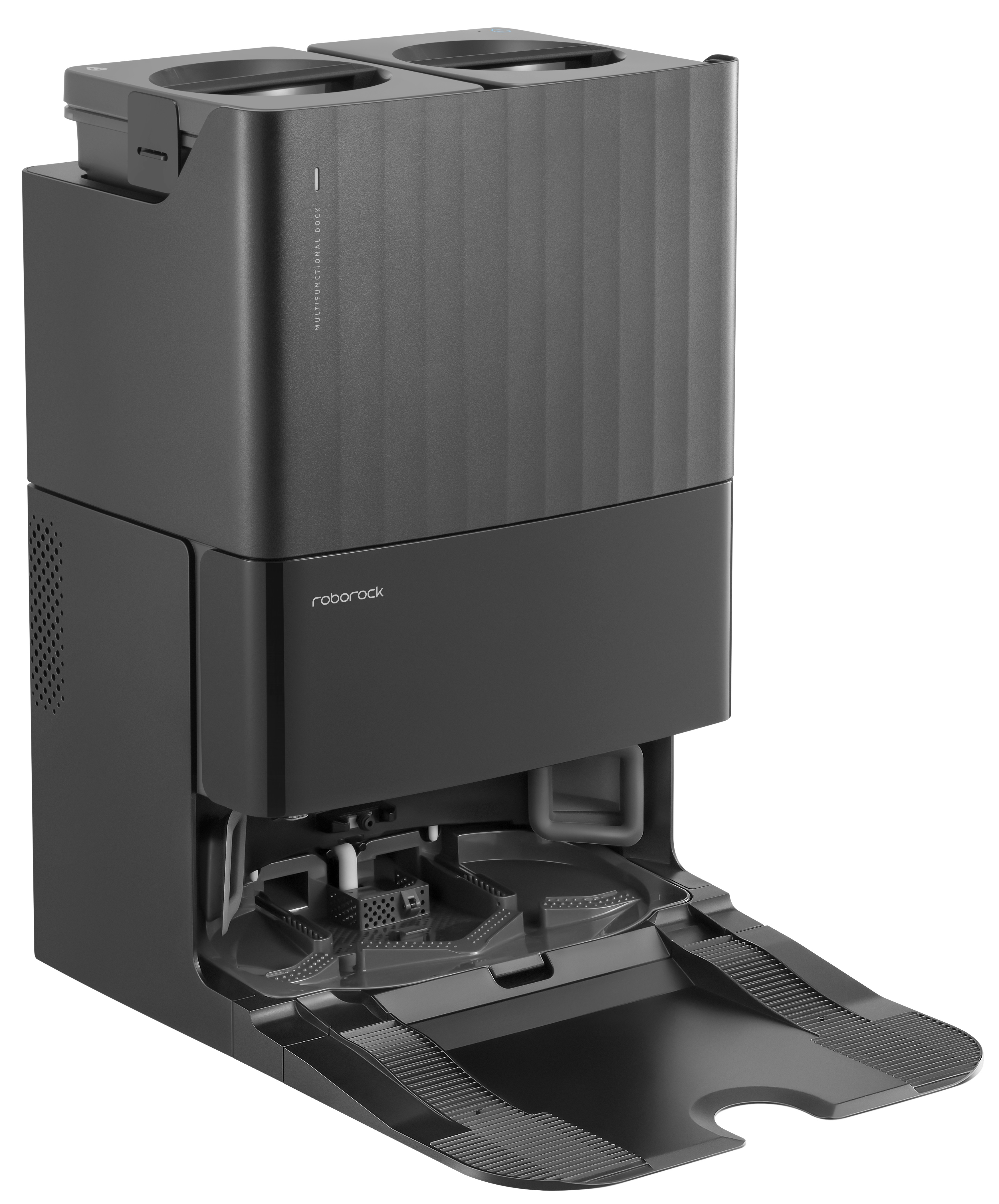 Czarna wielofunkcyjna stacja Roborock z otwartą tacą czyszczącą.