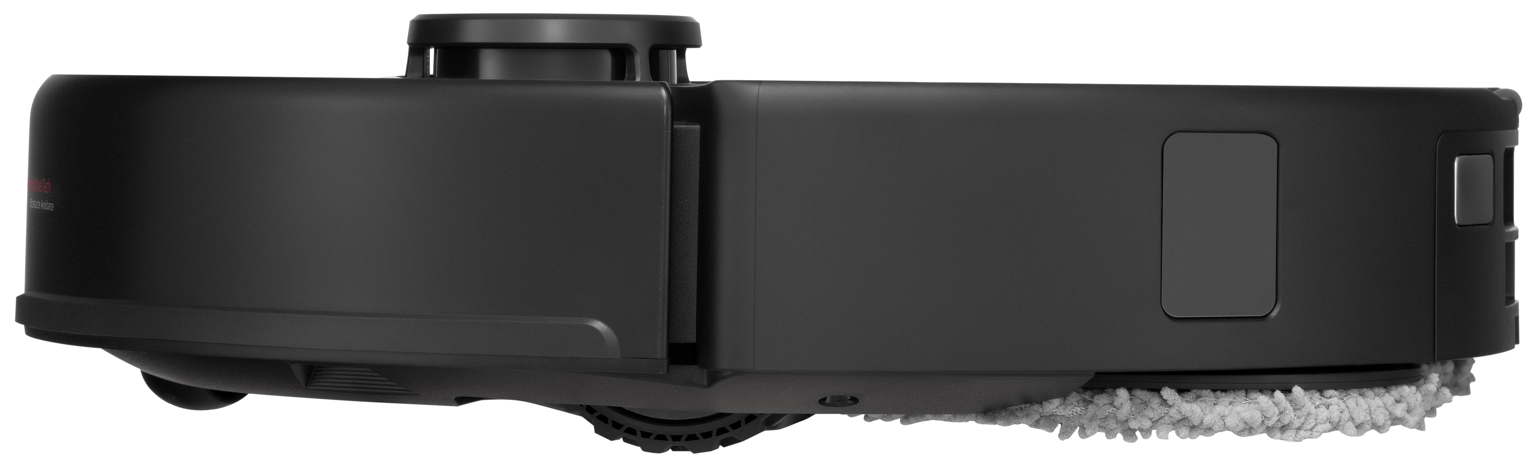 Czarny odkurzacz robot, widok z boku. Posiada szczotkę i panel boczny.