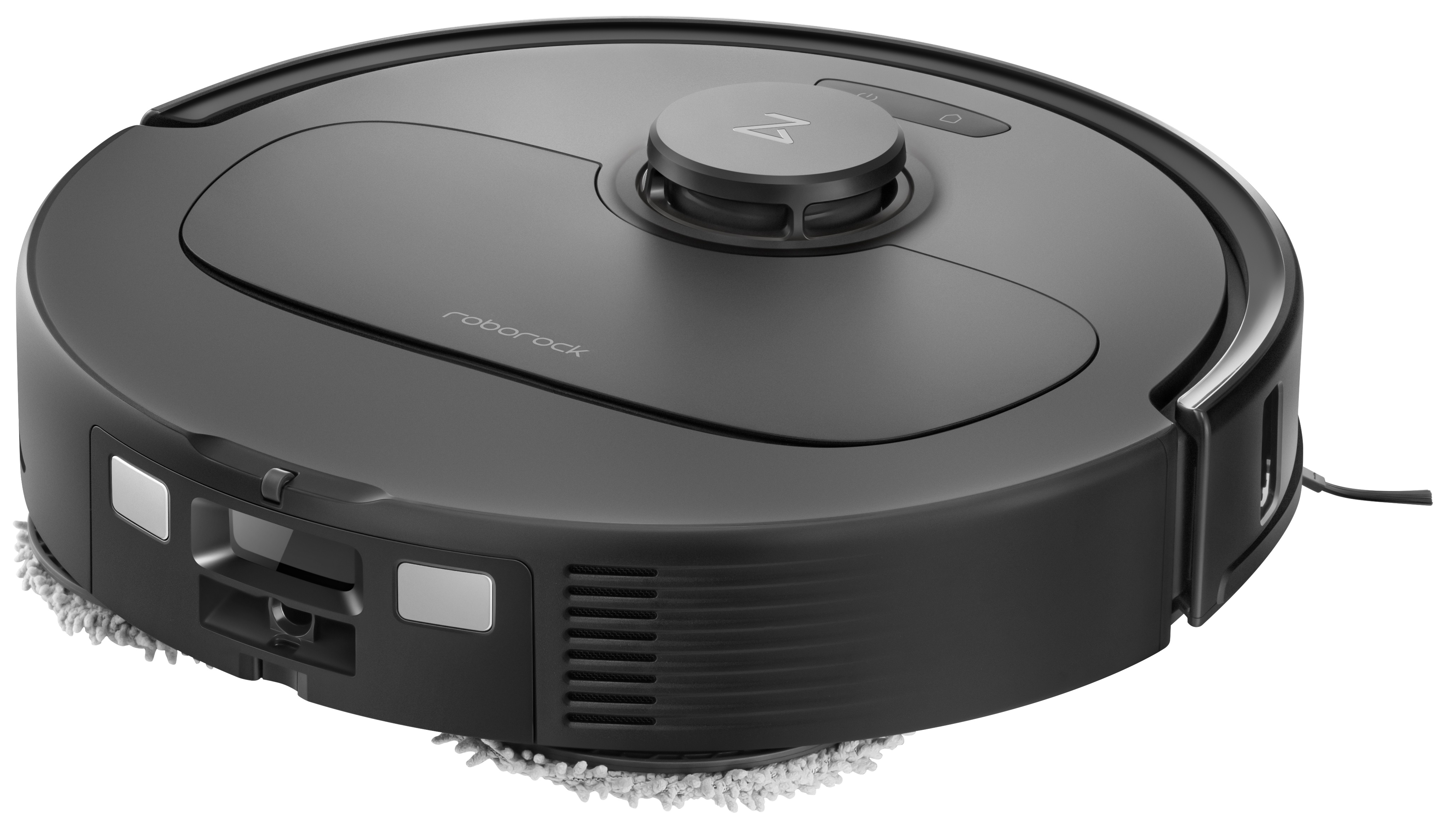 Czarny odkurzacz automatyczny o okrągłym kształcie, na białej podłodze.