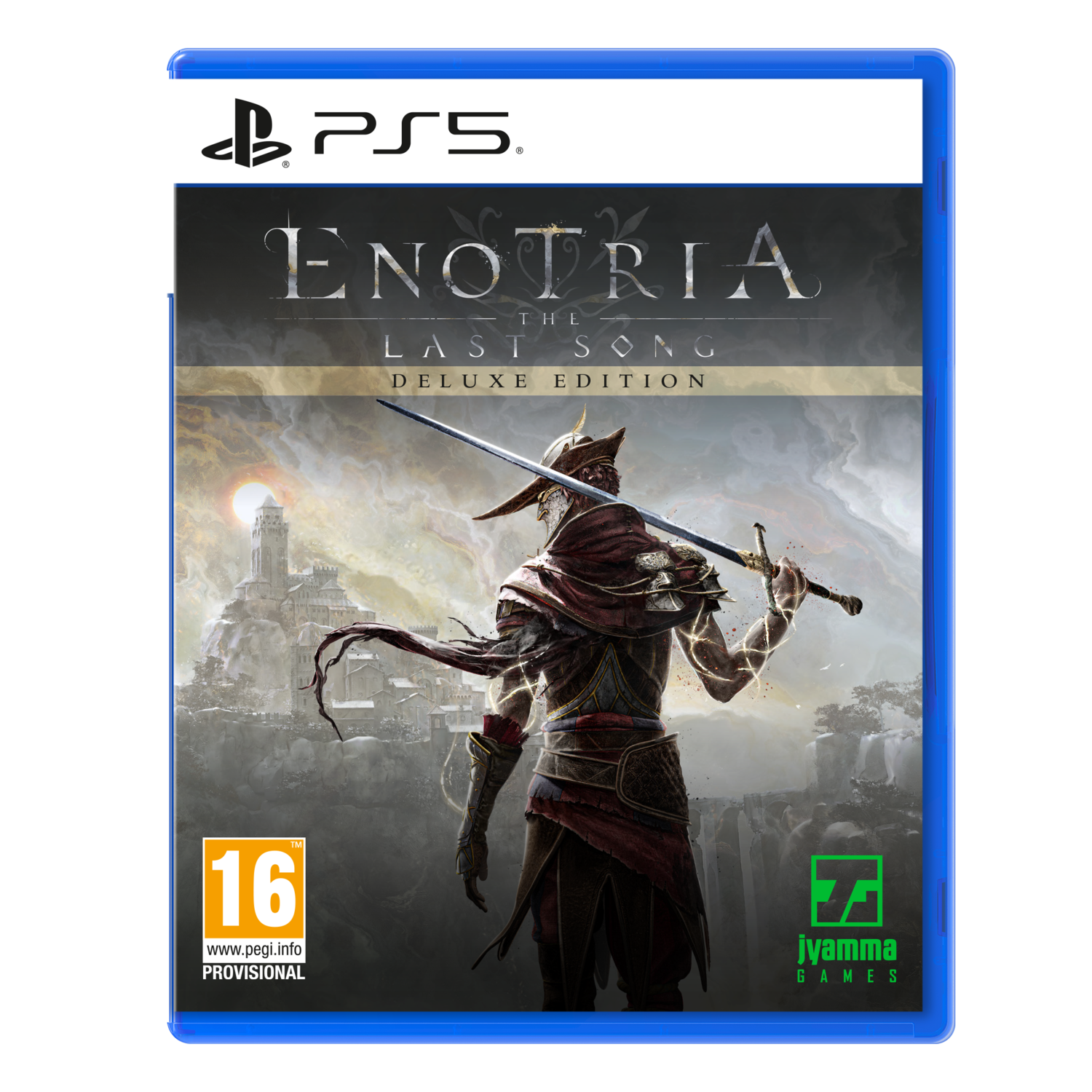 PS5 game case: Enotria The Last Song Deluxe Edition, met een krijger die een zwaard vasthoudt.