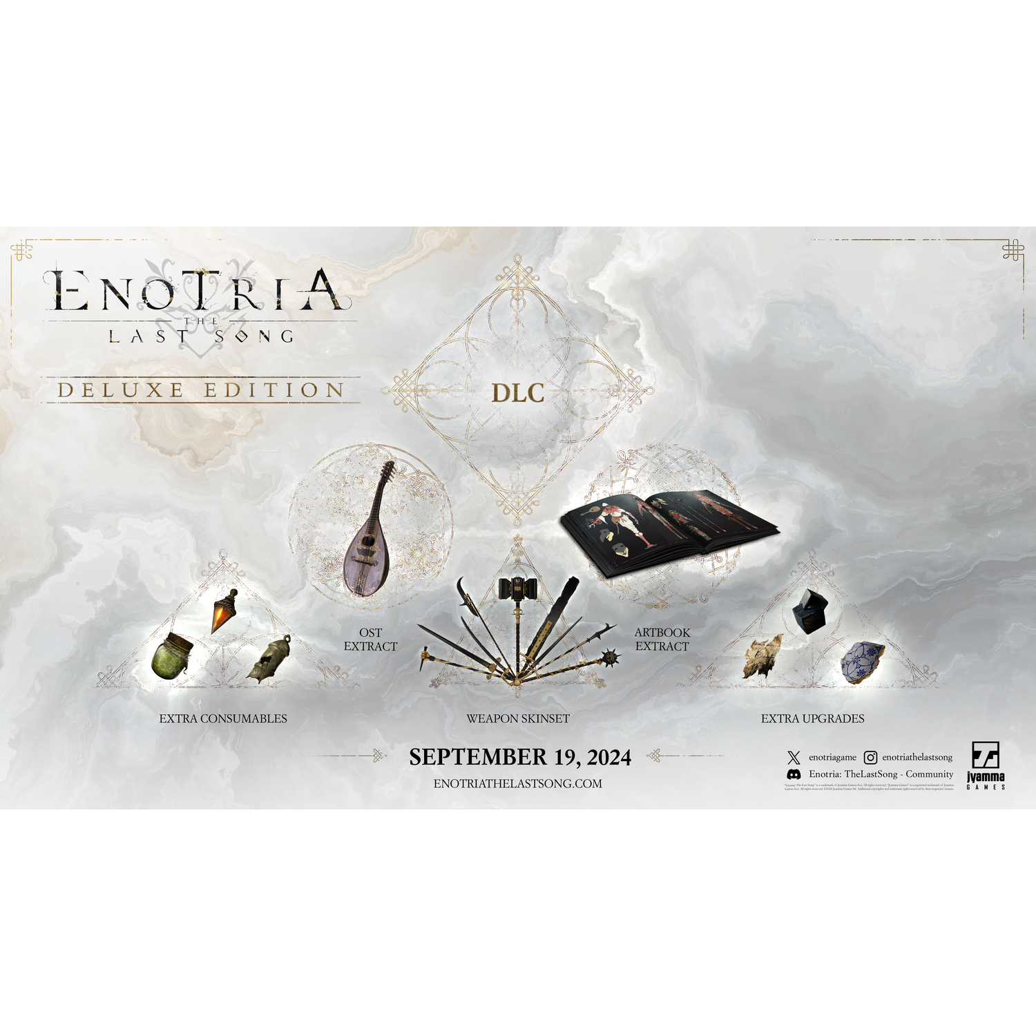 Promotieafbeelding voor Enotria: The Last Song, inclusief een releasedatum.