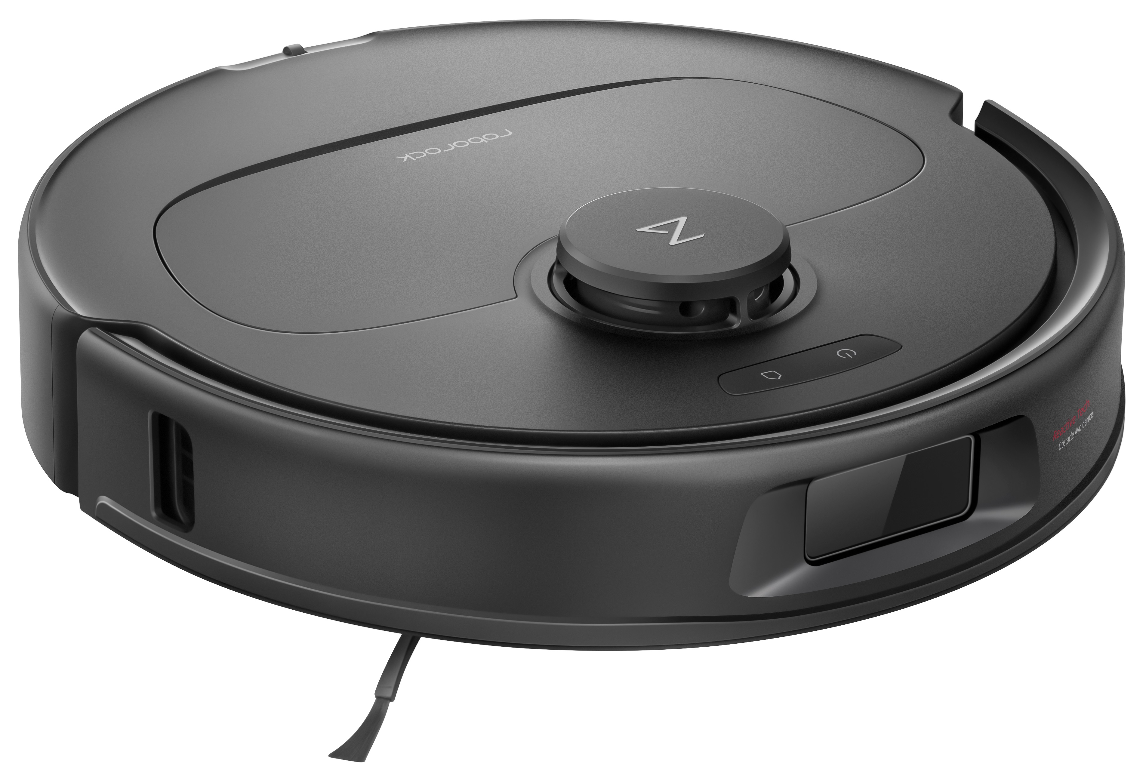 Czarny, okrągły odkurzacz robot z centralnym przyciskiem i bocznym otworem wentylacyjnym.