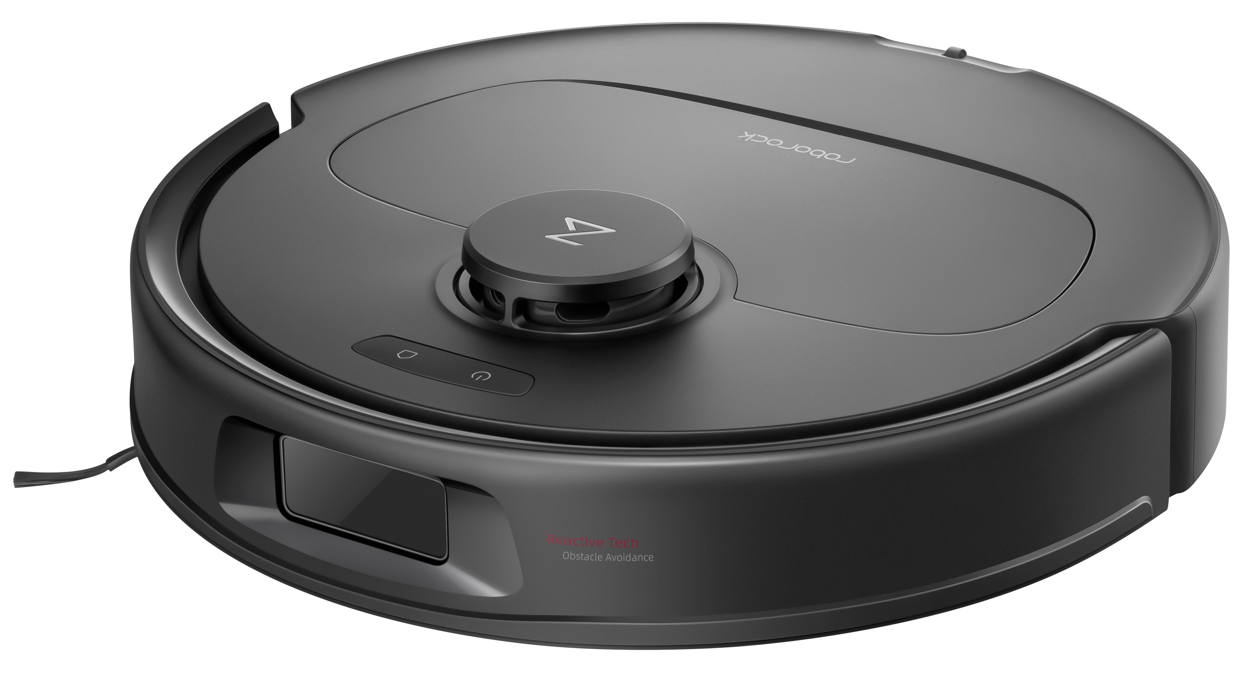 Czarny robot sprzątający Roborock, widok z góry, pokazujący design i funkcje.