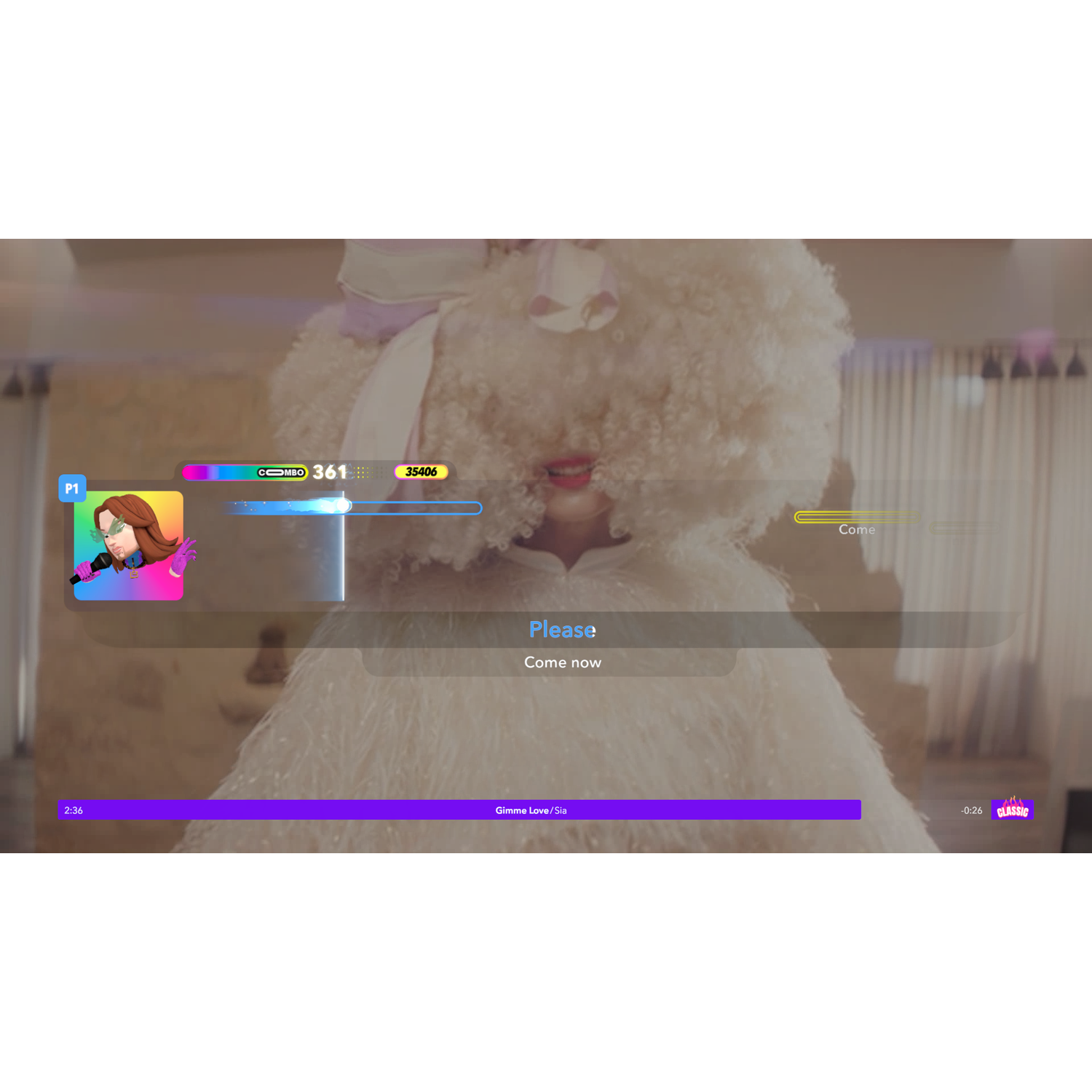 A game interface with a large, fluffy dog-like character. Text prompts with a progress bar are visible.