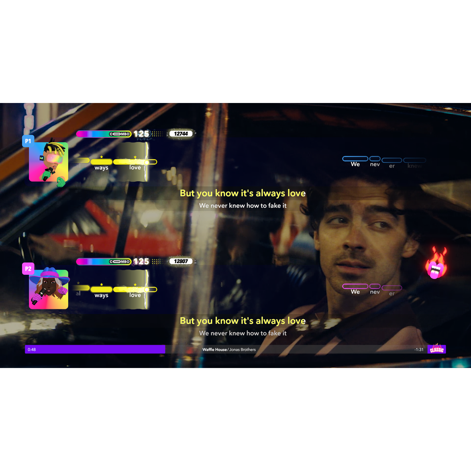 A karaoke screen in a car scene showing two singers, lyrics, and scores. The song is in English.
