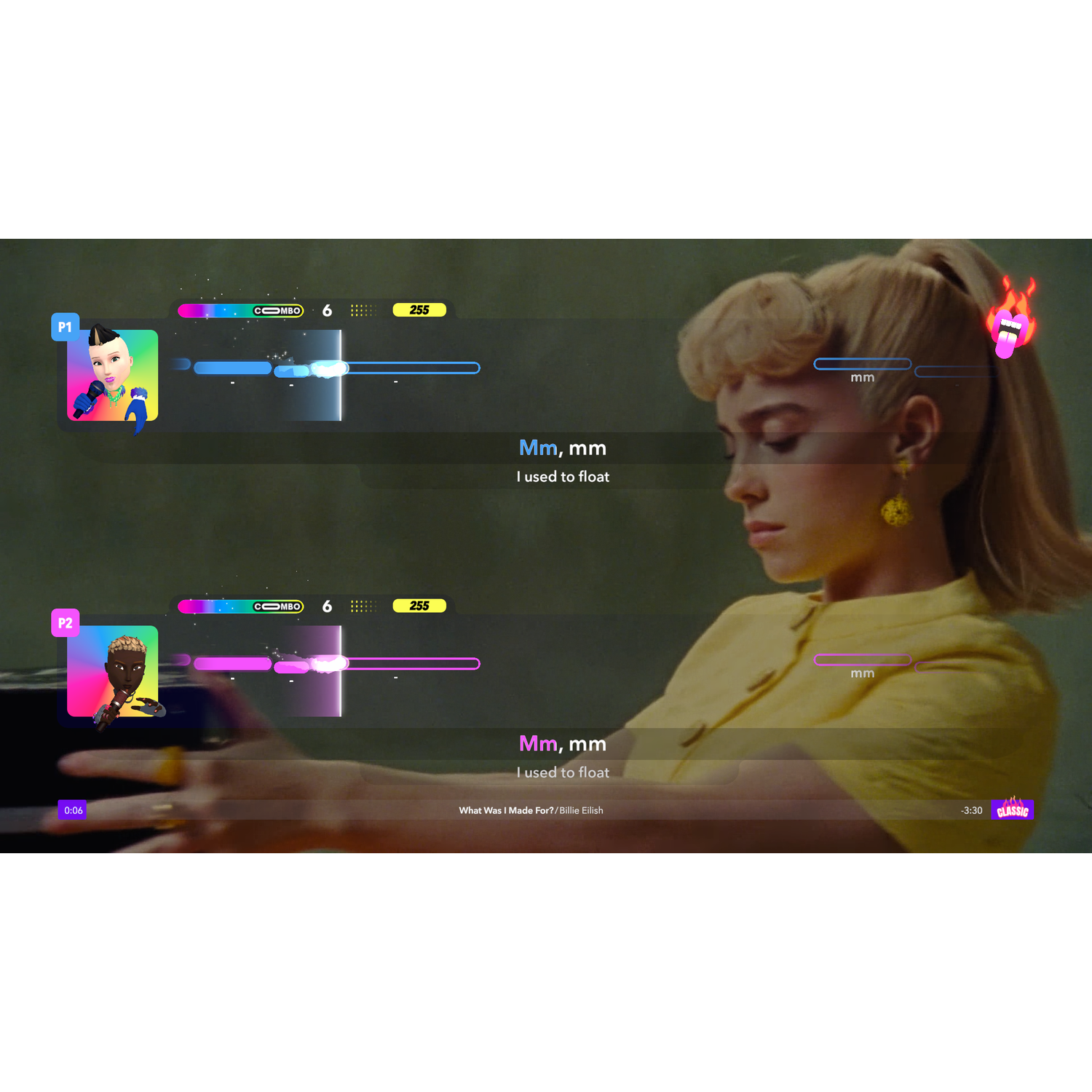 Two users on a karaoke screen. The singer in the yellow dress is shown. Lyrics on display.