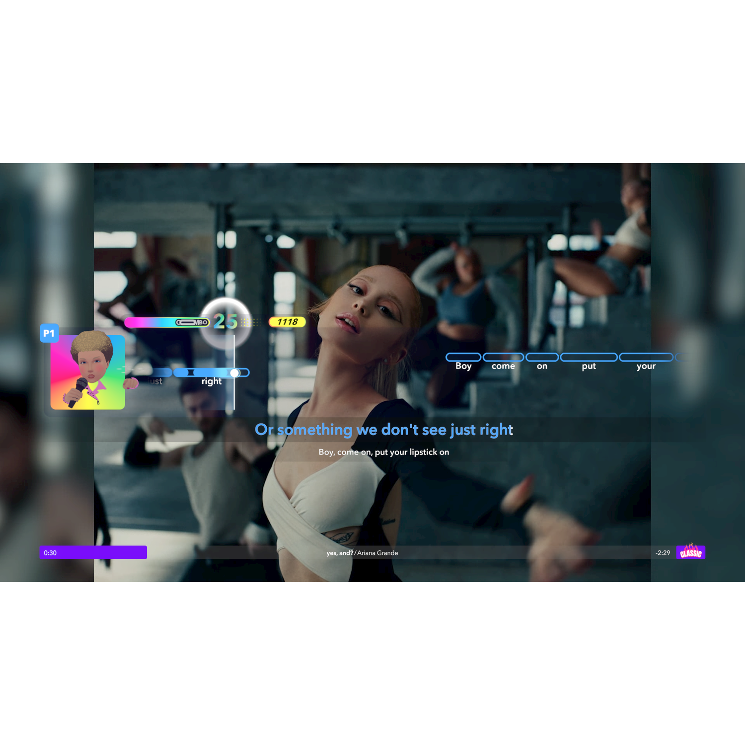 A video game screen displaying a music game with a singer on screen and lyrics at the top.