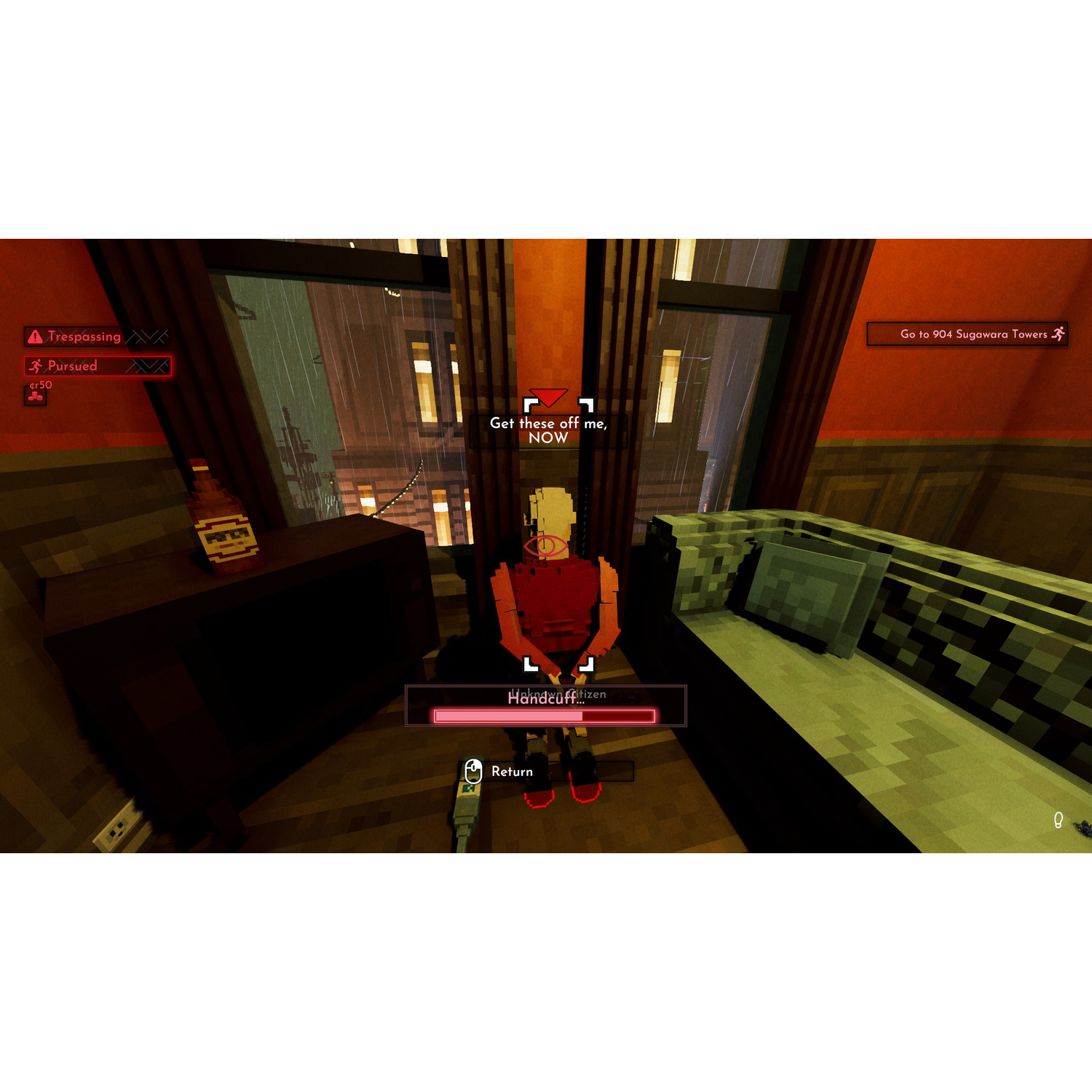 Een gepixeleerde scène uit een videogame, met een persoon die in een kamer geboeid wordt.