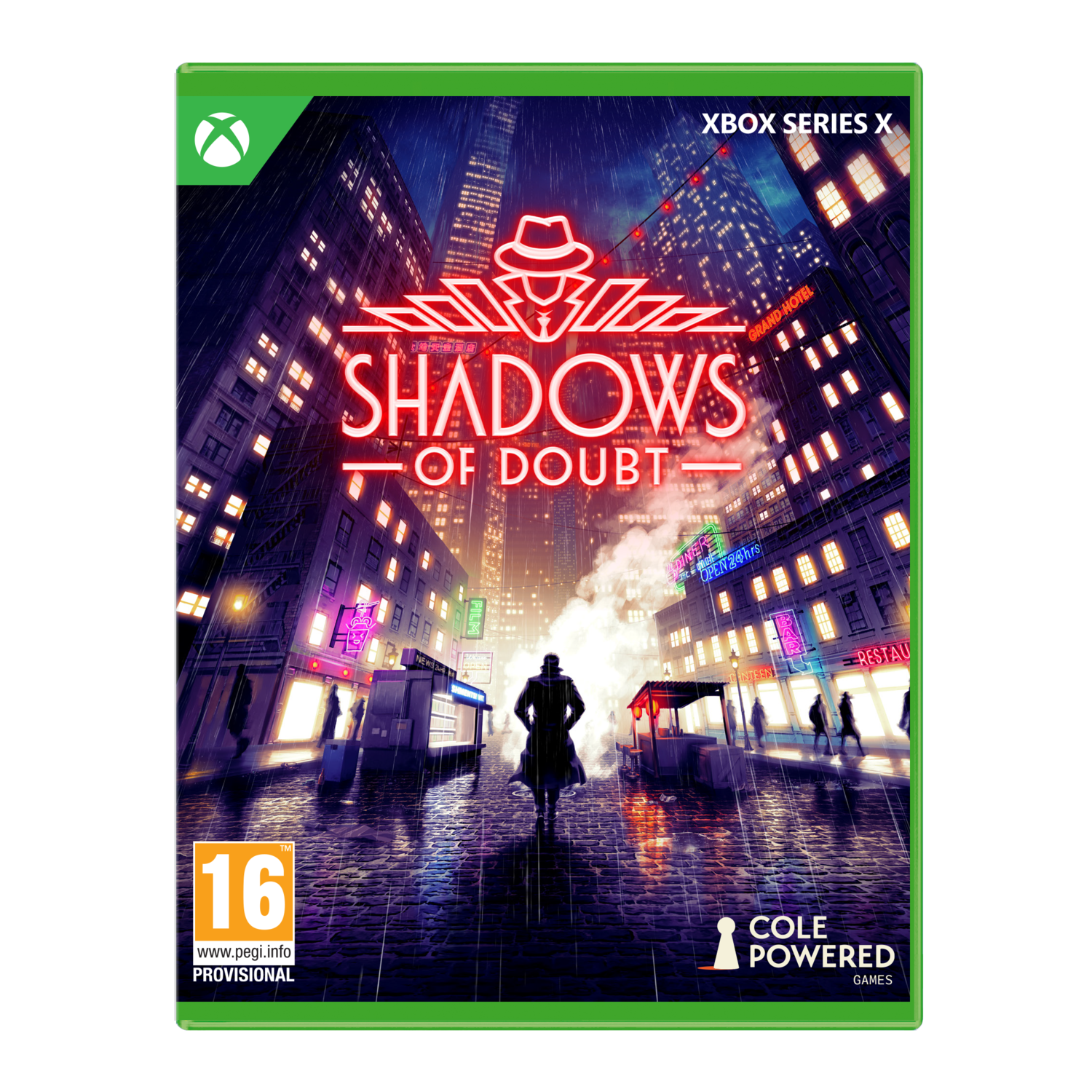 Game cover: Een man in een trenchcoat loopt in een regenachtige stad. Tekst: Shadows of Doubt, Xbox Series X logo.