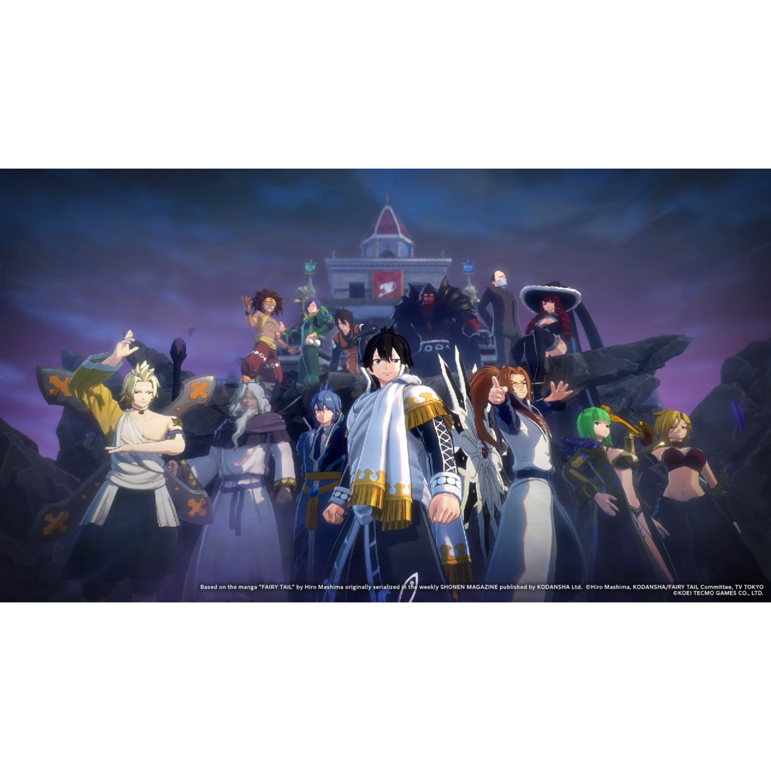 Group of anime characters posing in front of a castle, some looking at the camera.