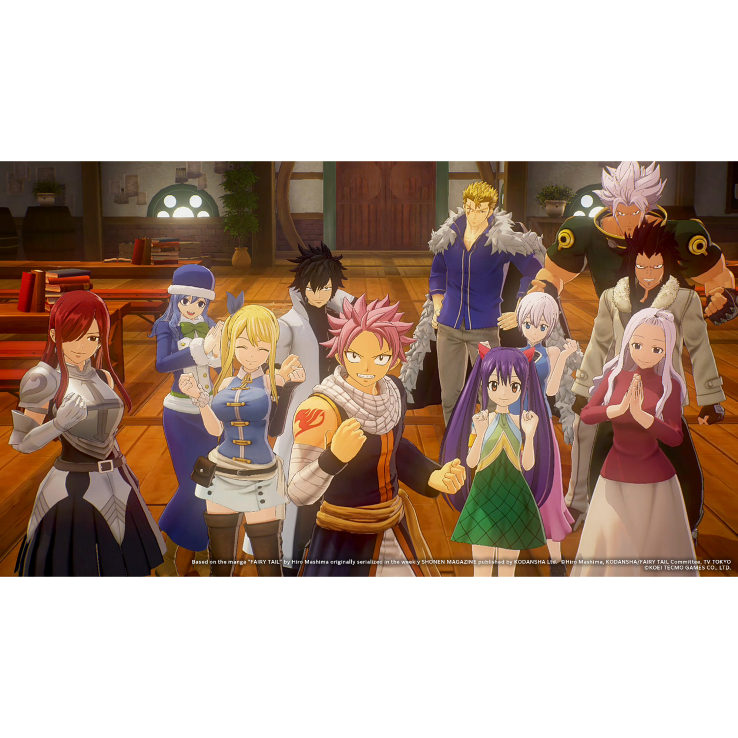 A group of anime-style characters in a brightly lit room. A mix of genders and races.