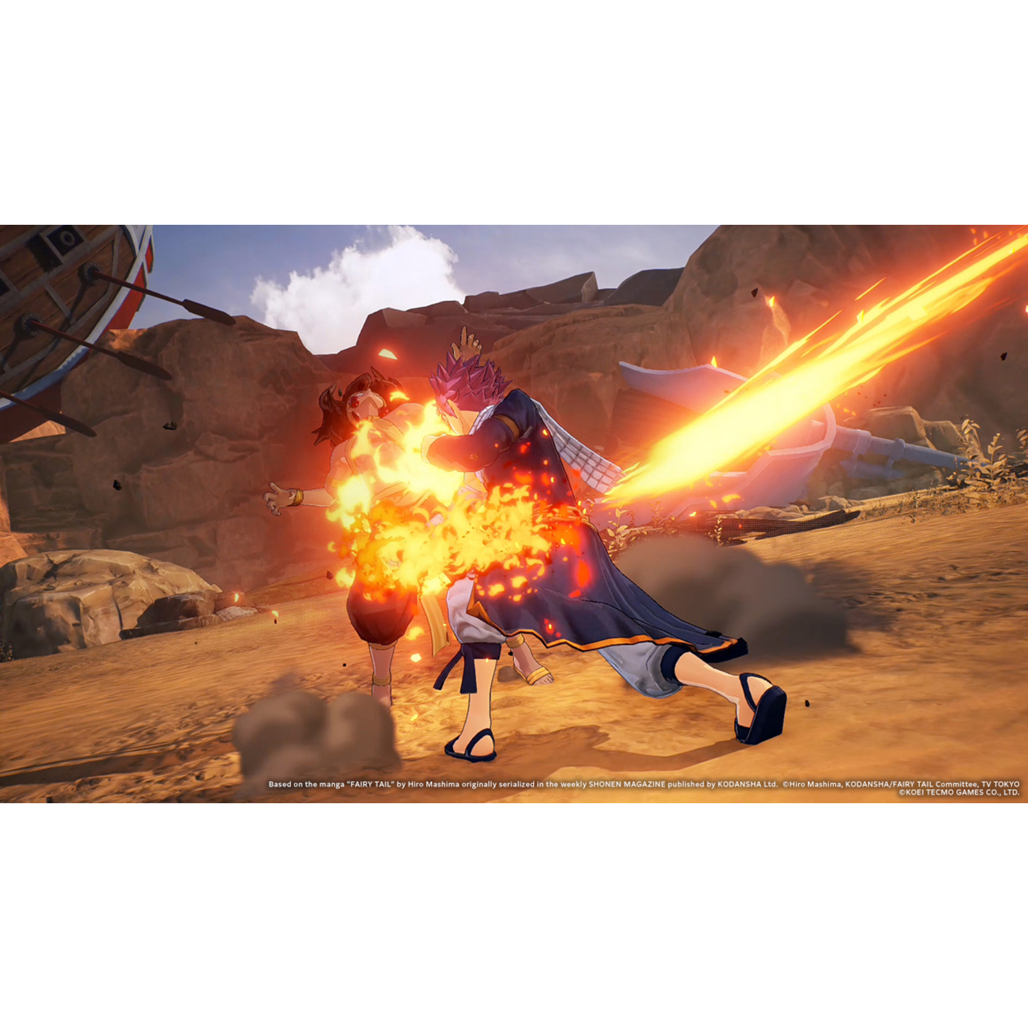Anime scene with two figures in a desert, one emitting flames, other is in explosion.