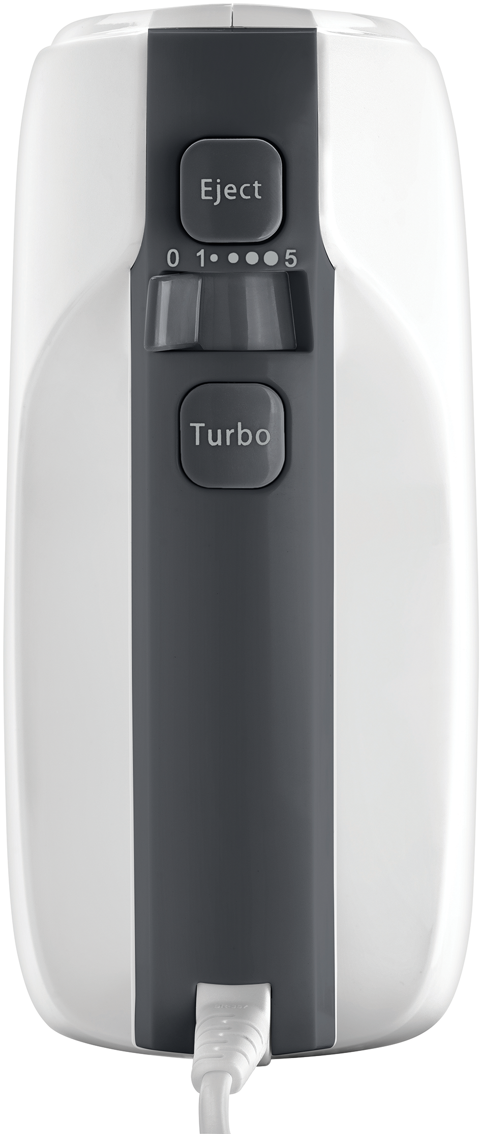 Fehér és szürke kézi mixer 'Eject' és 'Turbo' feliratú gombokkal.