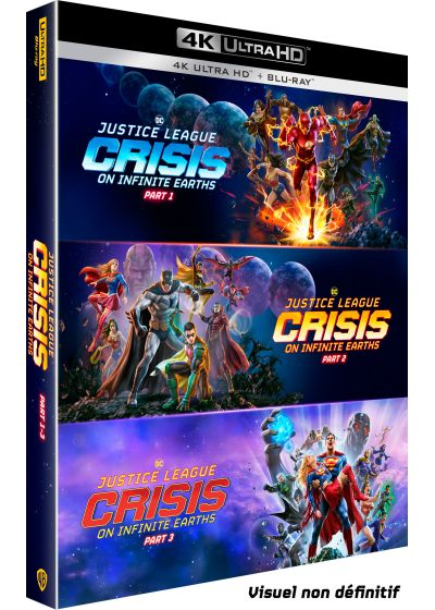 Couverture de film avec trois sections. Personnages de la Justice League sur fond bleu-violet.