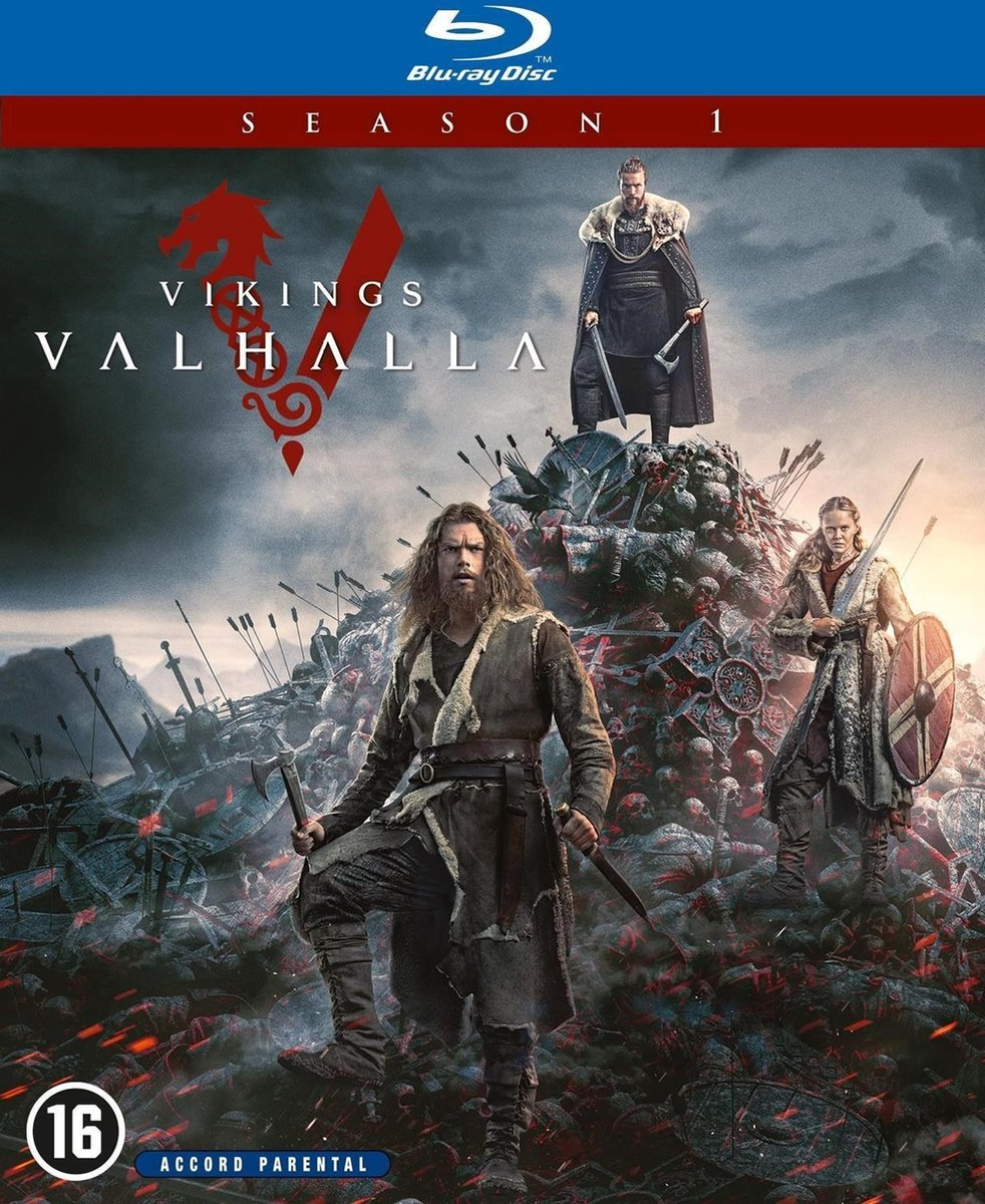 Vikings: Valhalla Blu-ray cover. A group of Vikings stand on a pile of skulls. A red and white logo is above.