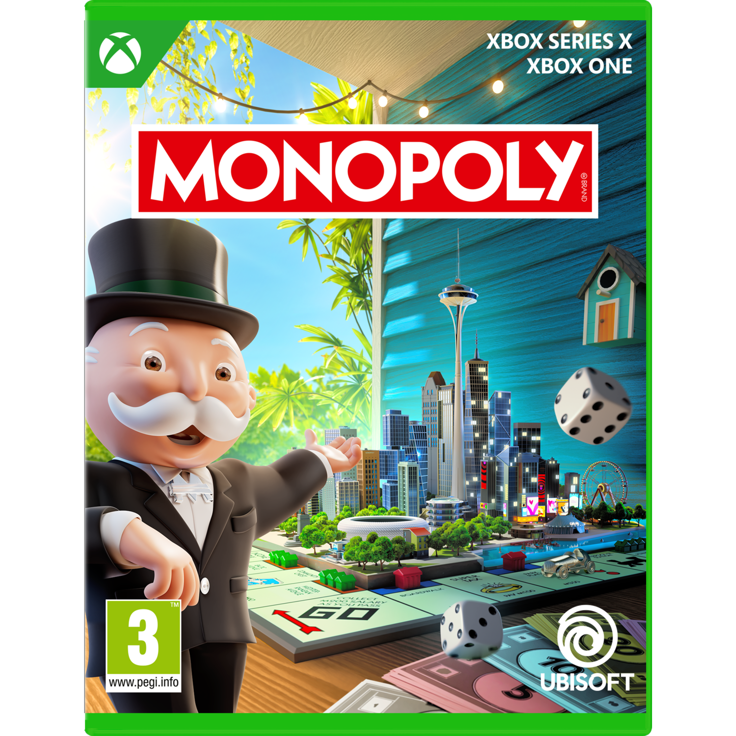 Monopoly speldoos met een stadsgezicht, dobbelstenen en Monopoly man.