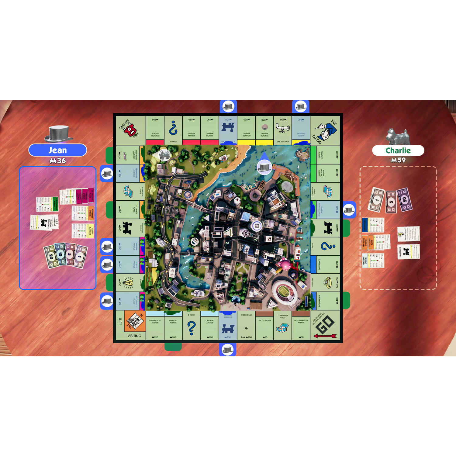 Monopoly bordspel met twee spelers, bovenaanzicht.