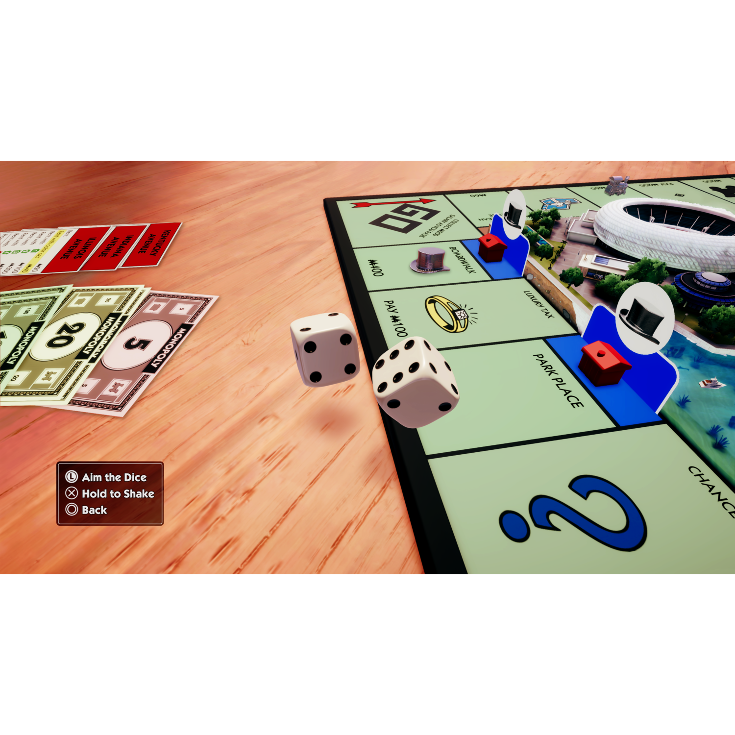 Monopoly-bord met dobbelstenen, geld en eigendomskaarten op een houten tafel.