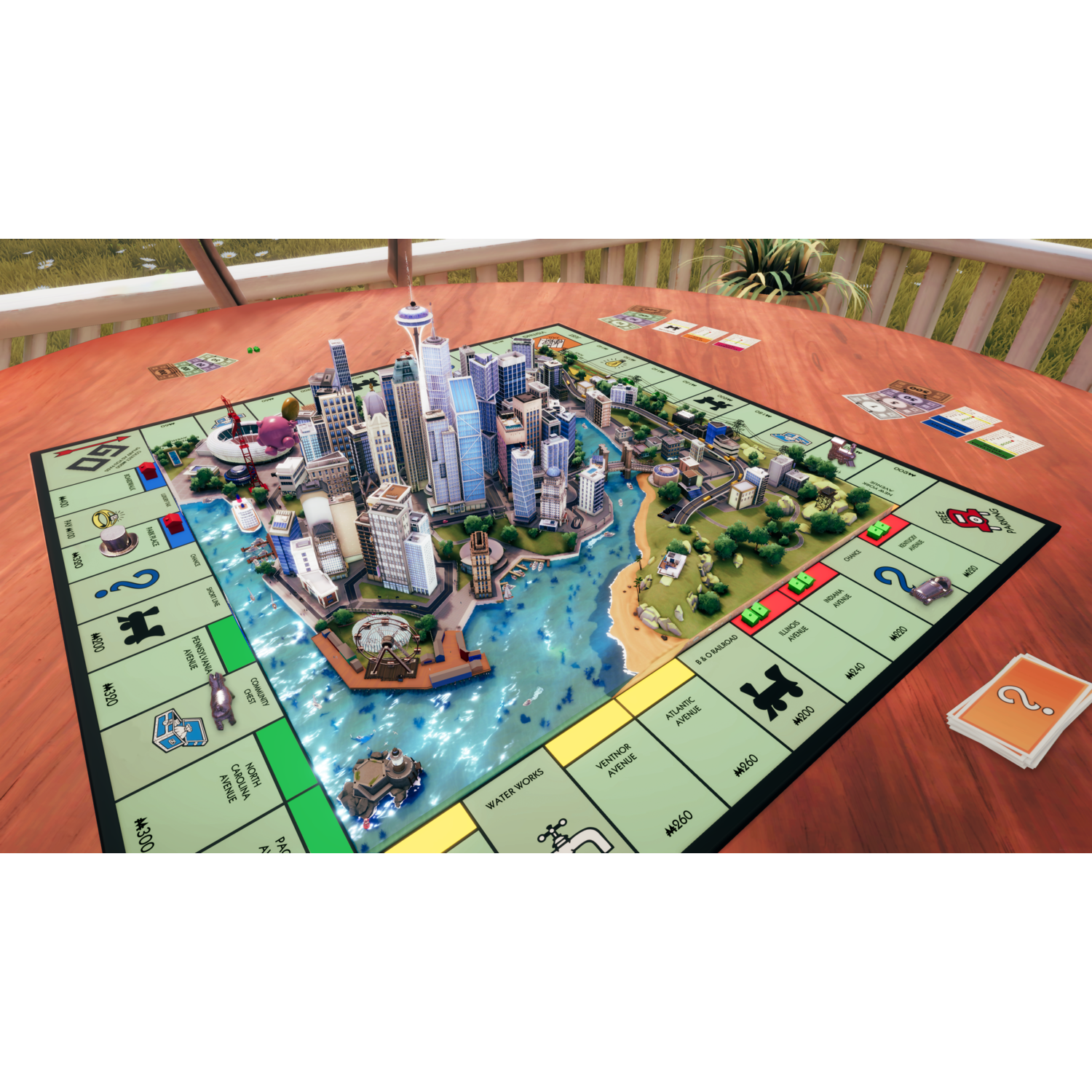 Monopoly bordspel met een 3D-stadmodel. Op een houten tafel buiten. Kaarten en dobbelstenen zichtbaar.