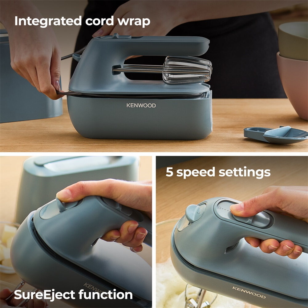 Une personne utilise un batteur à main Kenwood. Comprend un enrouleur de cordon, une fonction d'éjection et 5 vitesses.