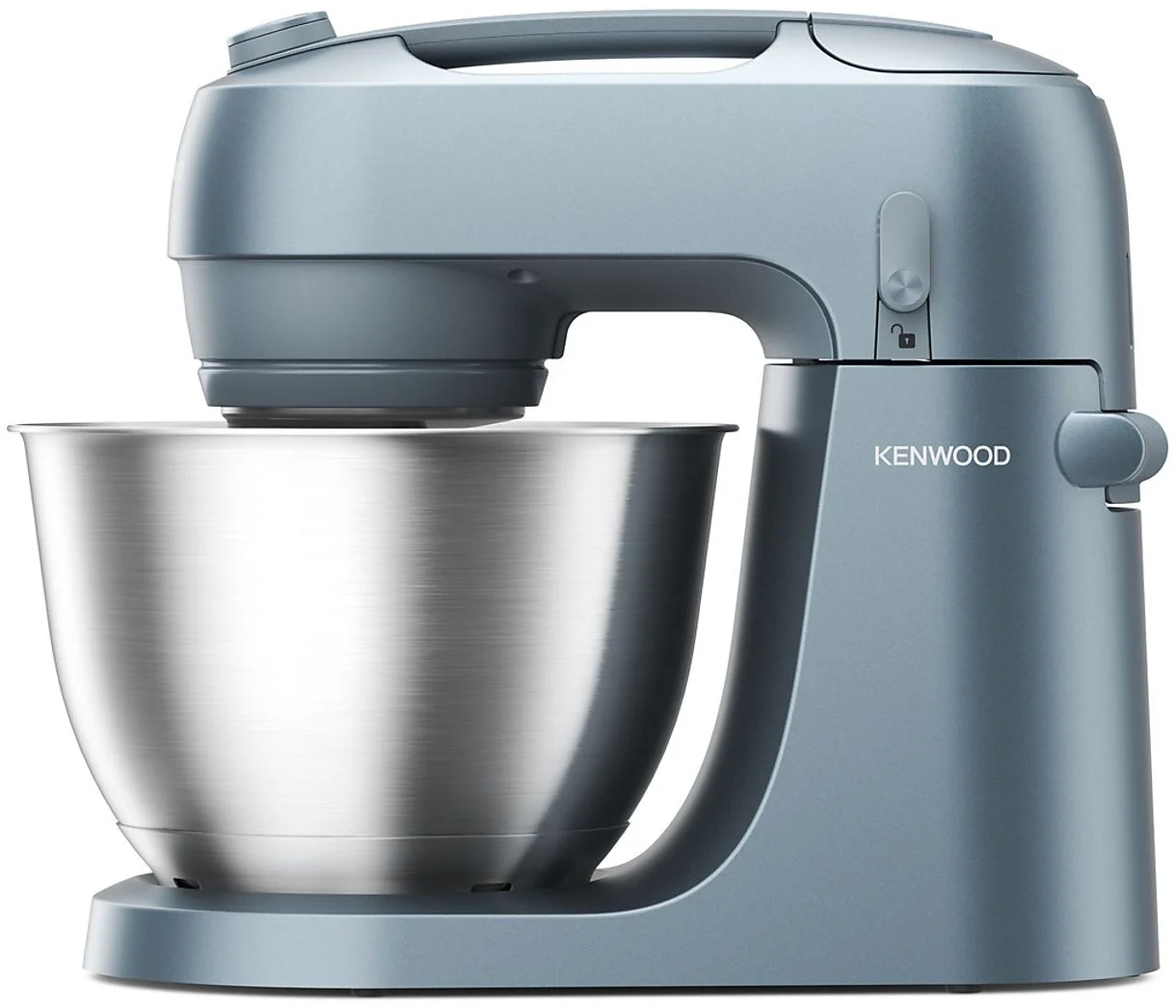 Un batteur sur socle Kenwood bleu clair avec un bol argenté sur fond blanc.