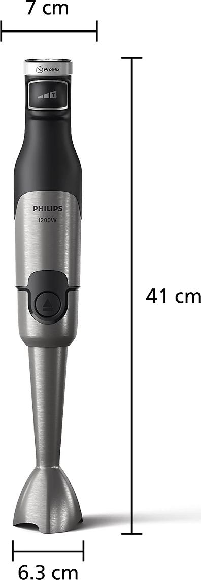 Silberner und schwarzer Philips Stabmixer mit Maßen, 7cm, 41cm und 6,3cm.
