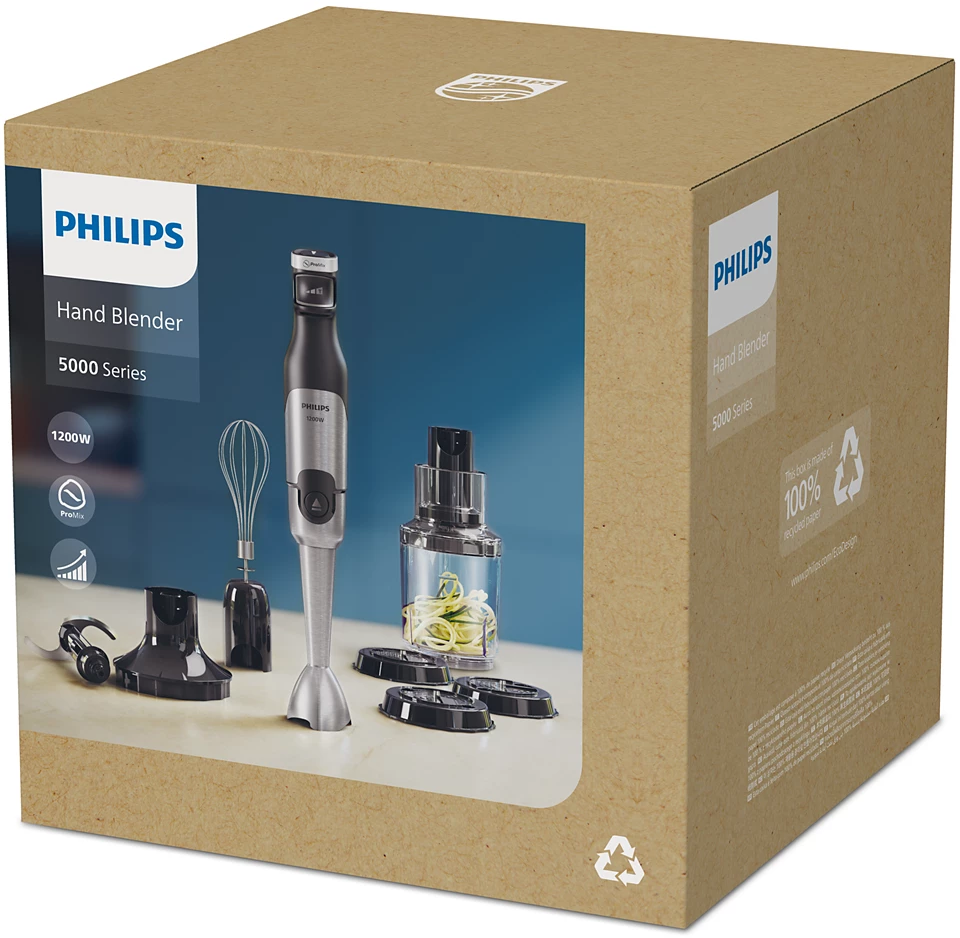 Ein Handmixer-Karton mit den Komponenten, darunter der Mixer, Schneebesen und ein Behälter.