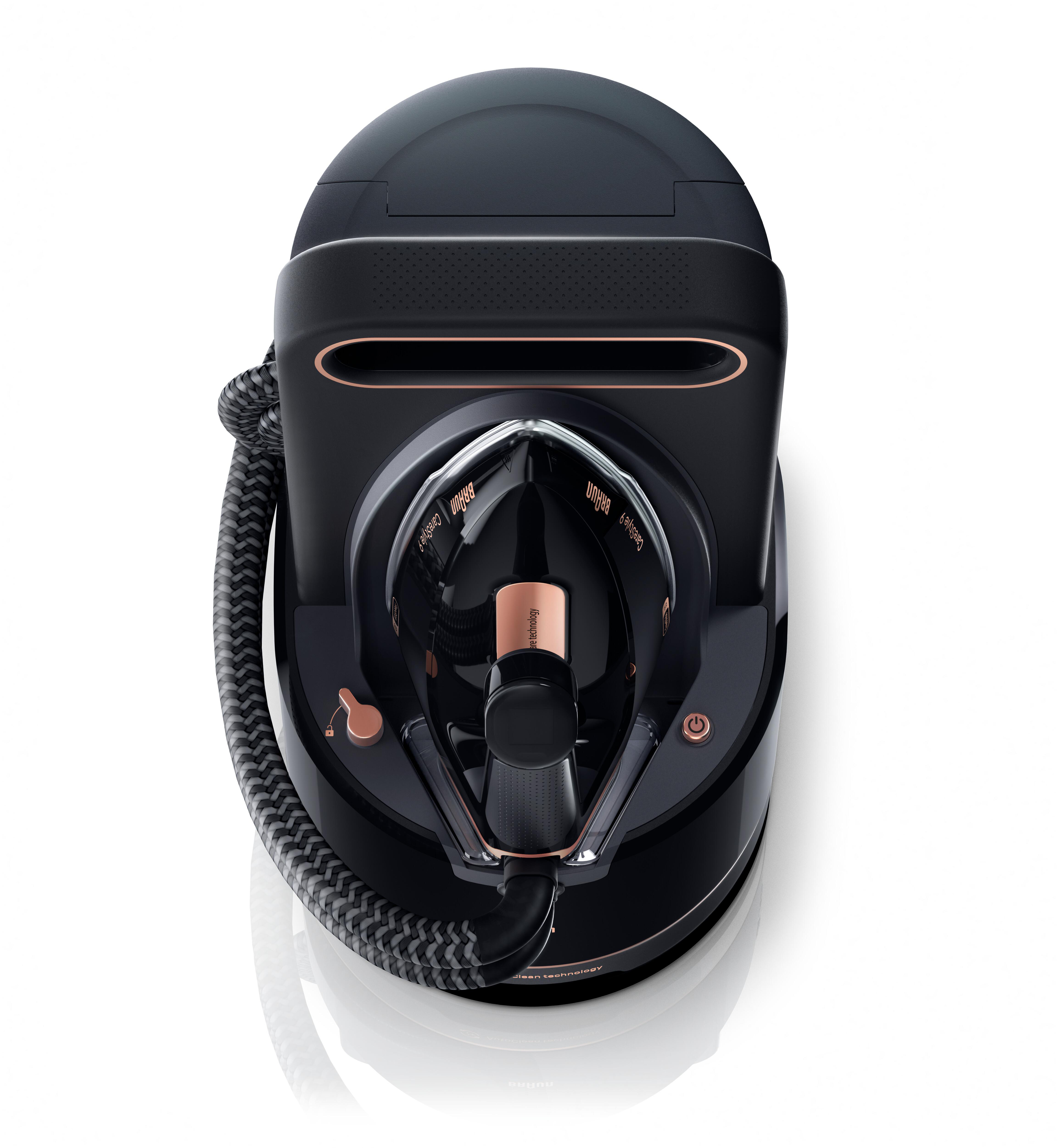 Schwarzes Dampfbügeleisen, Draufsicht, mit Kabel und Details.