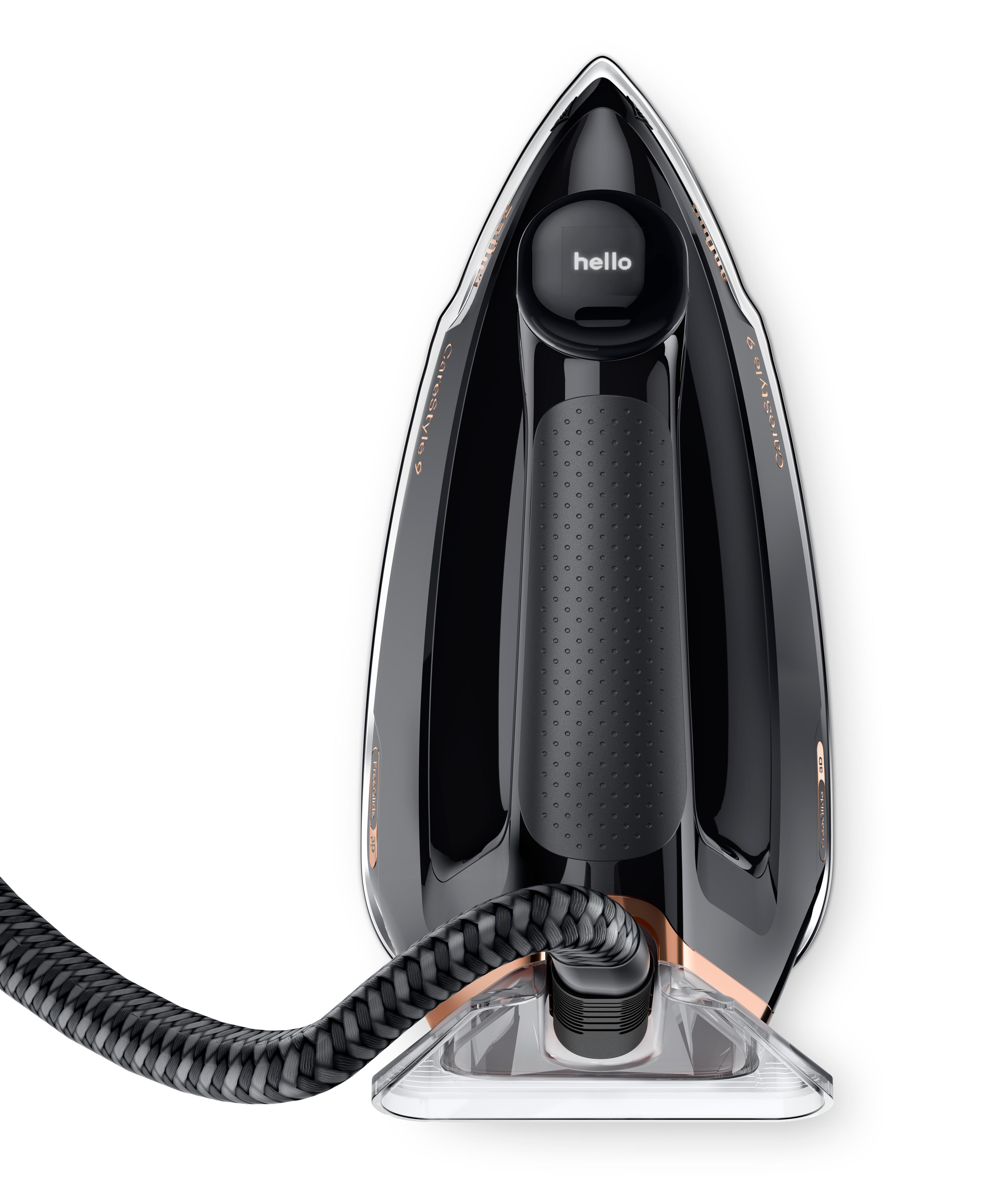 Schwarzes Bügeleisen mit einem schwarz-grau geflochtenen Netzkabel. Das Wort "hello" steht oben.