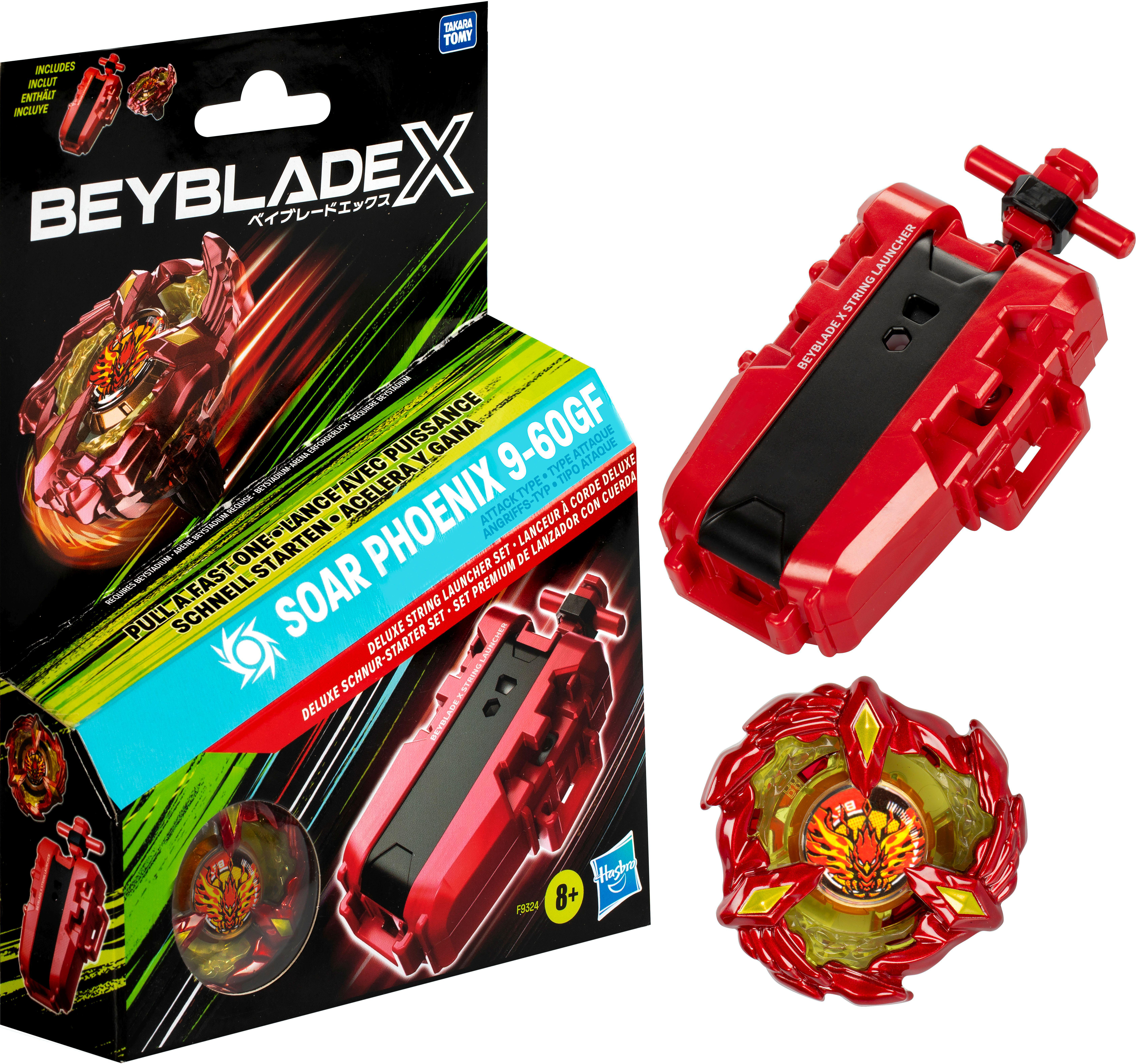Ein Beyblade X Set mit Starter und Kreisel in einer Box. Die Box zeigt den Kreisel in Aktion.