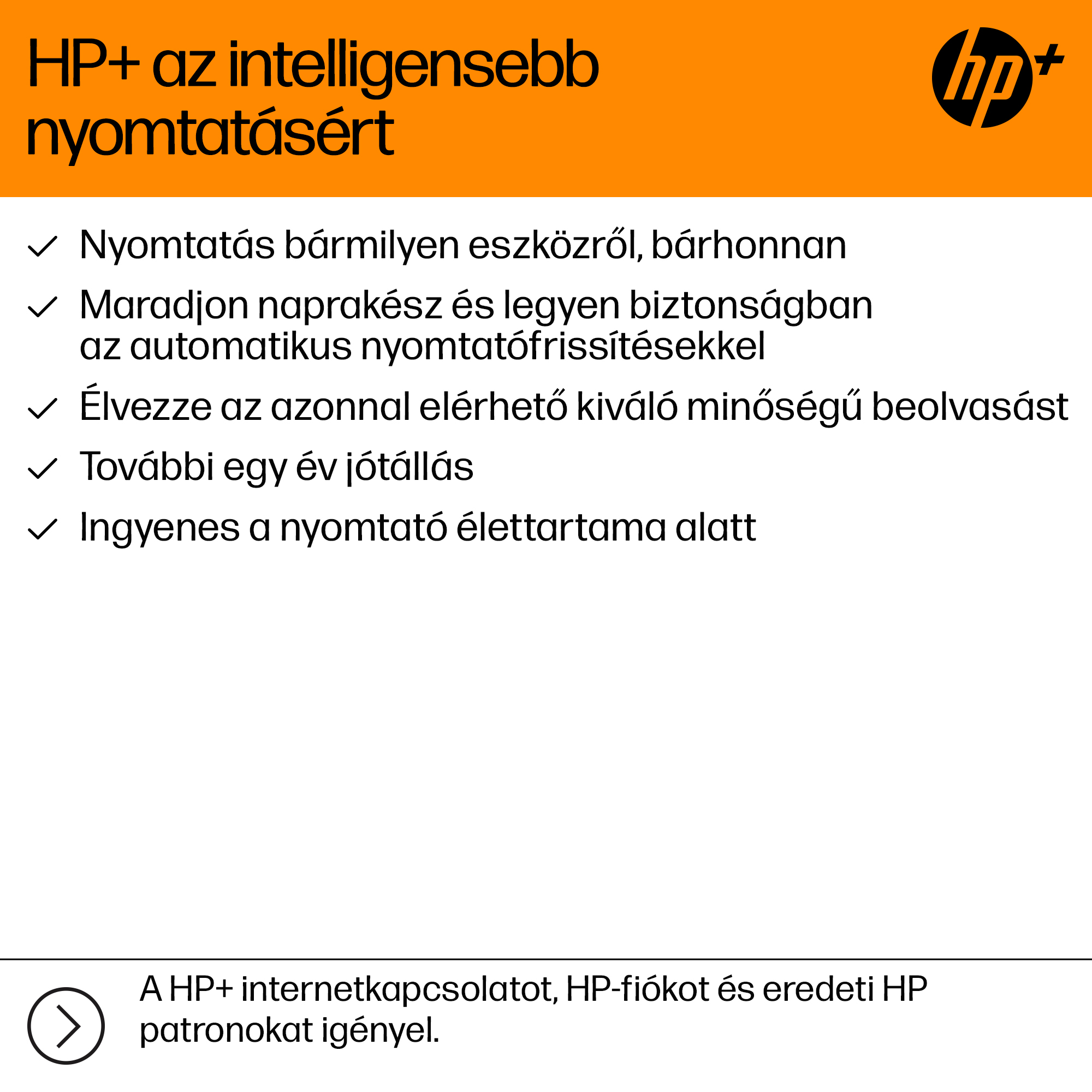 Szöveg és HP+ logó narancssárga háttéren. Alatta bejelölt funkciók és egy cselekvésre felhívás.