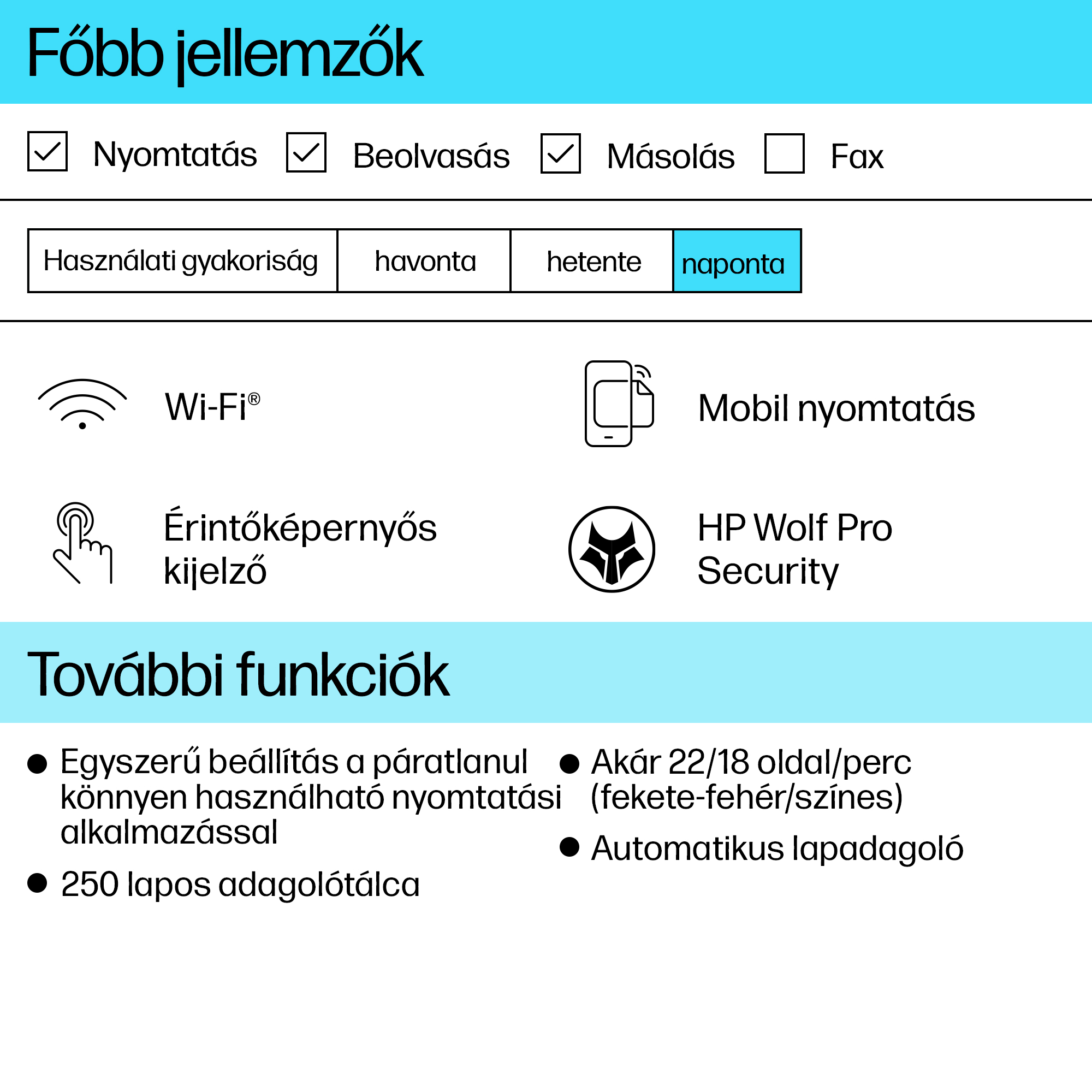 Szöveg a nyomtató funkcióit sorolja fel ikonokkal és szöveggel.