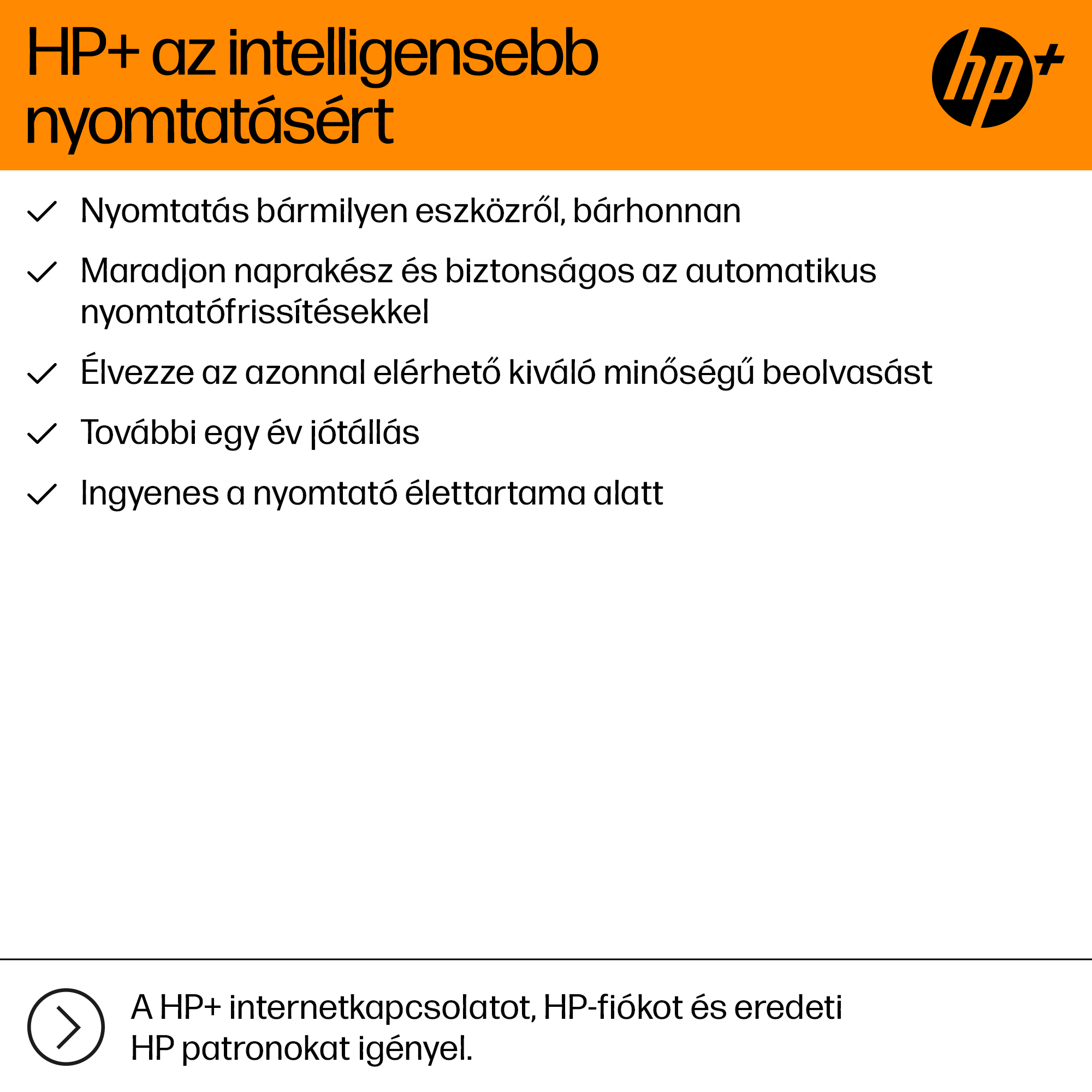 Fehér háttér HP+ szöveggel, felsorolásjelekkel és HP logóval.