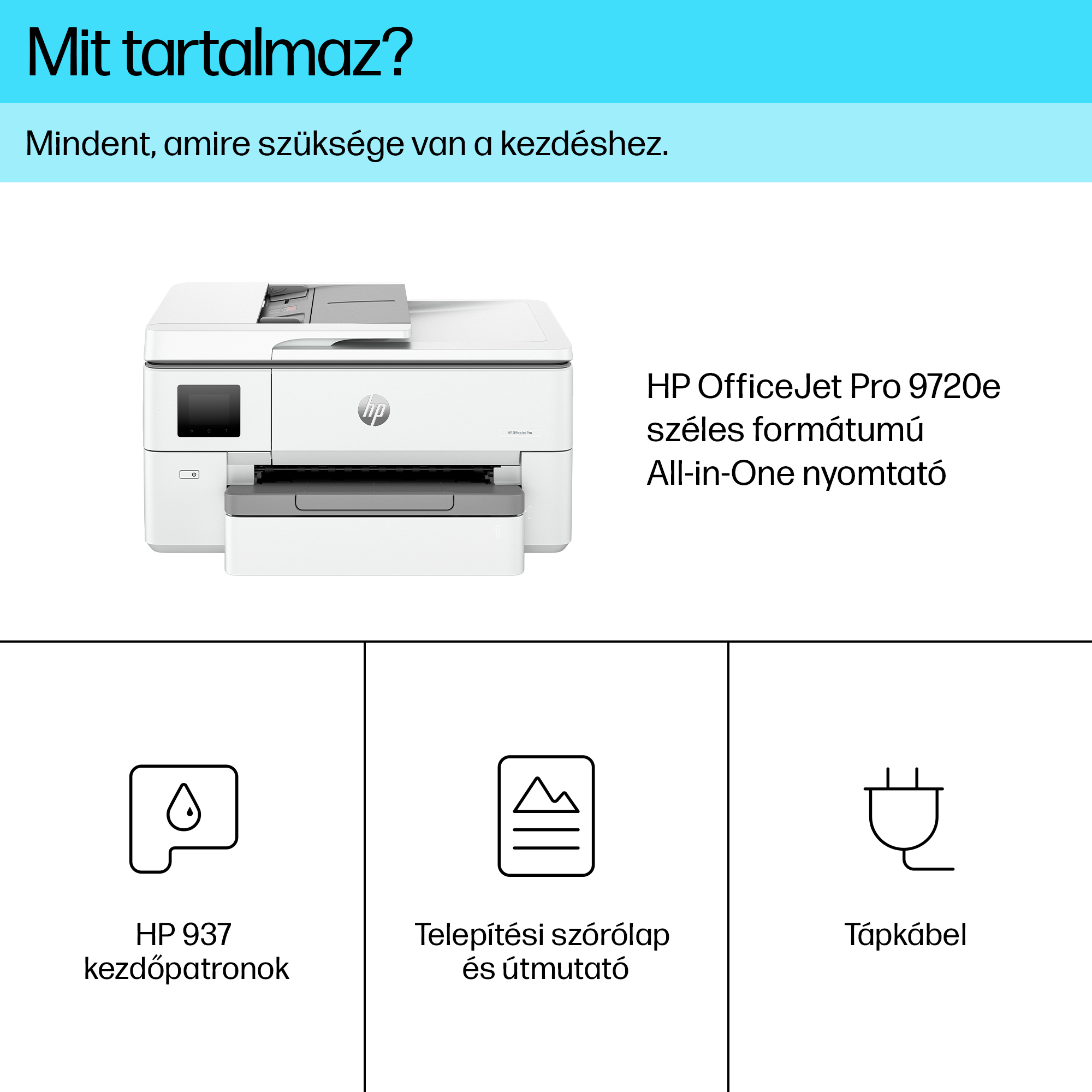 HP nyomtató csomag tartalma: nyomtató, tintapatronok, telepítési útmutató és tápkábel.