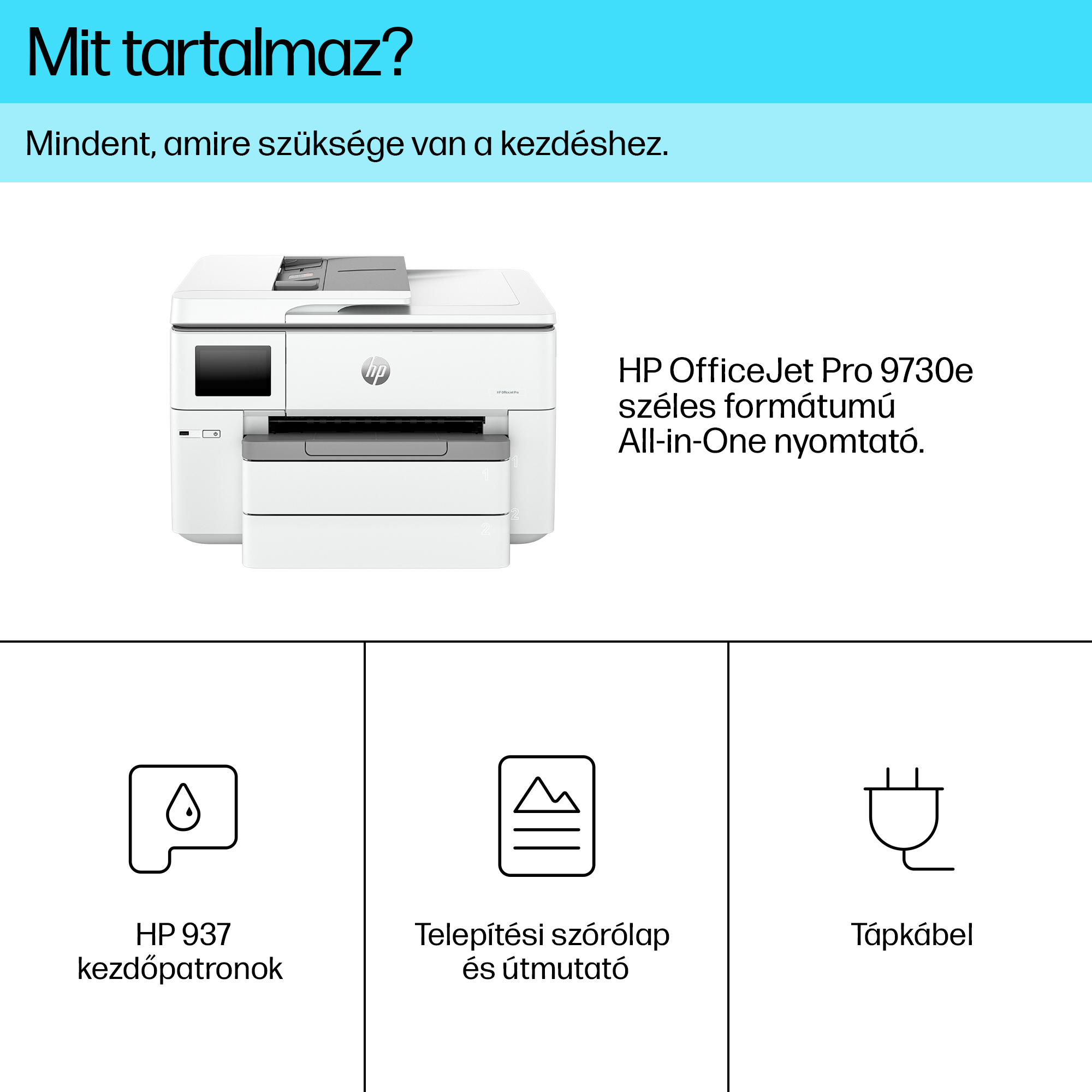HP OfficeJet Pro nyomtató, festékkazetta, beállítási útmutató és tápkábel ikonok.