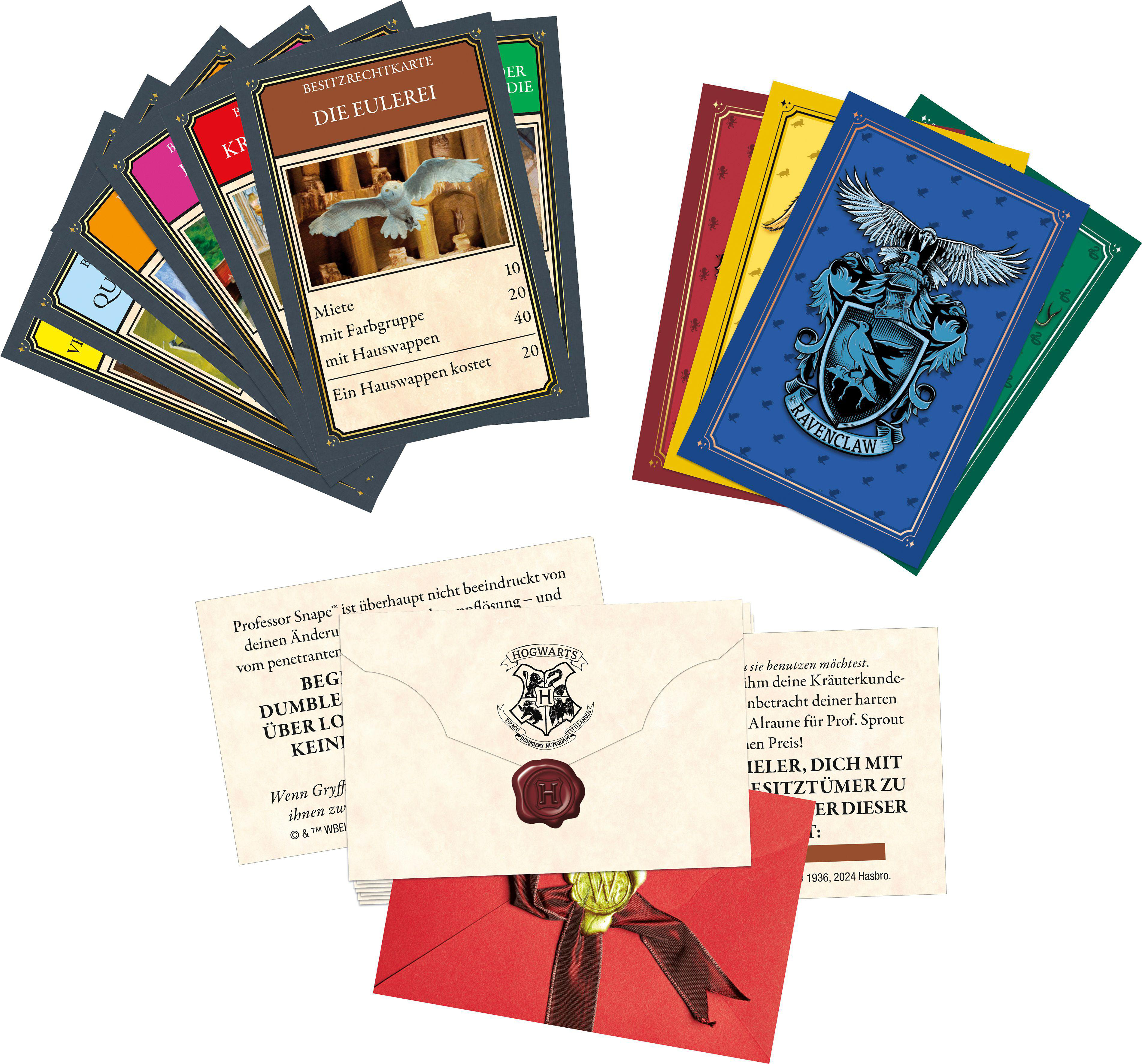 Eine Sammlung von Harry Potter-Spielkarten, darunter Karten mit Text und Illustrationen, sowie ein roter Umschlag.