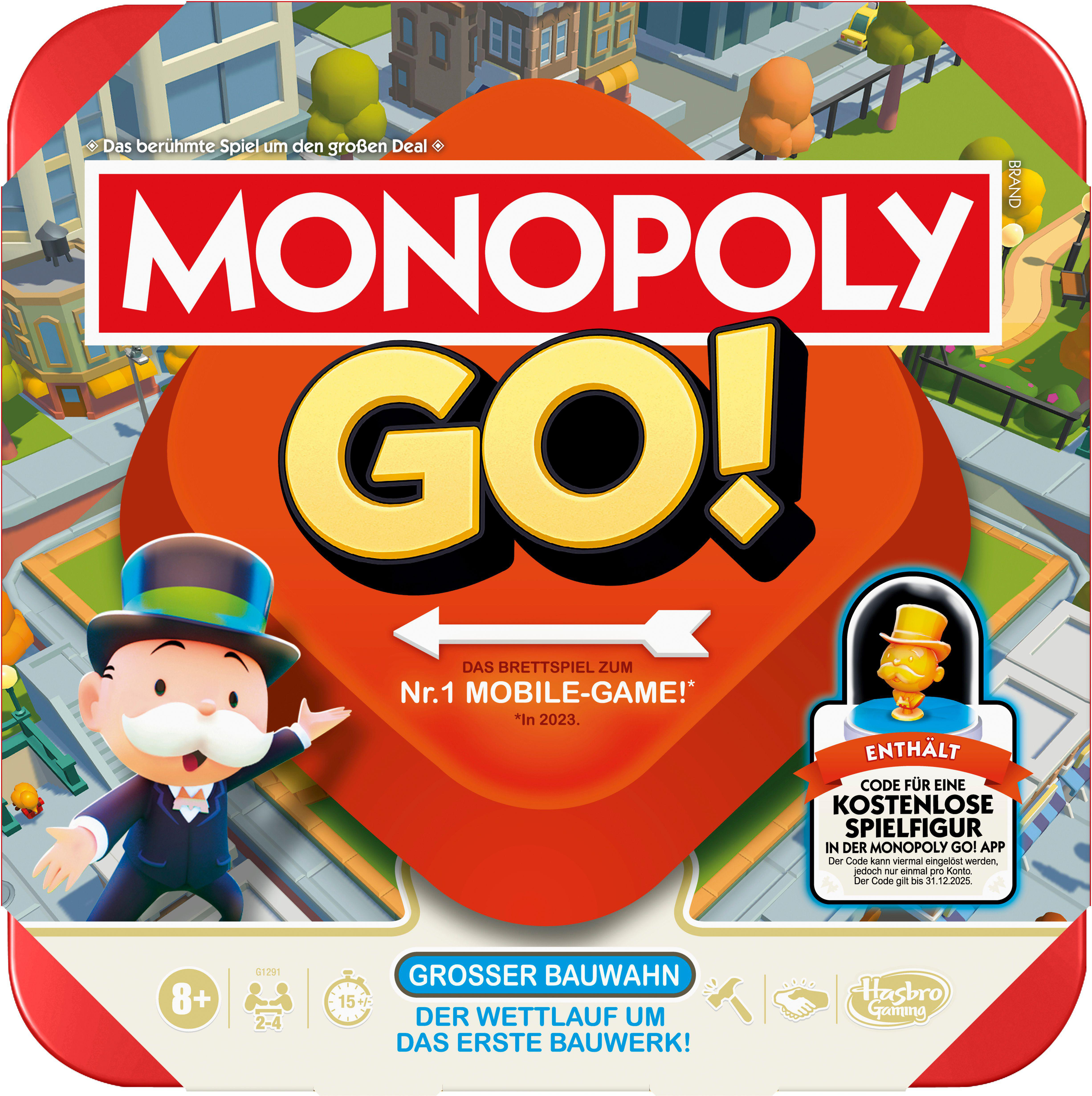 Monopoly Go! Brettspielbox, mit Spielsteinen und Figuren gezeigt.