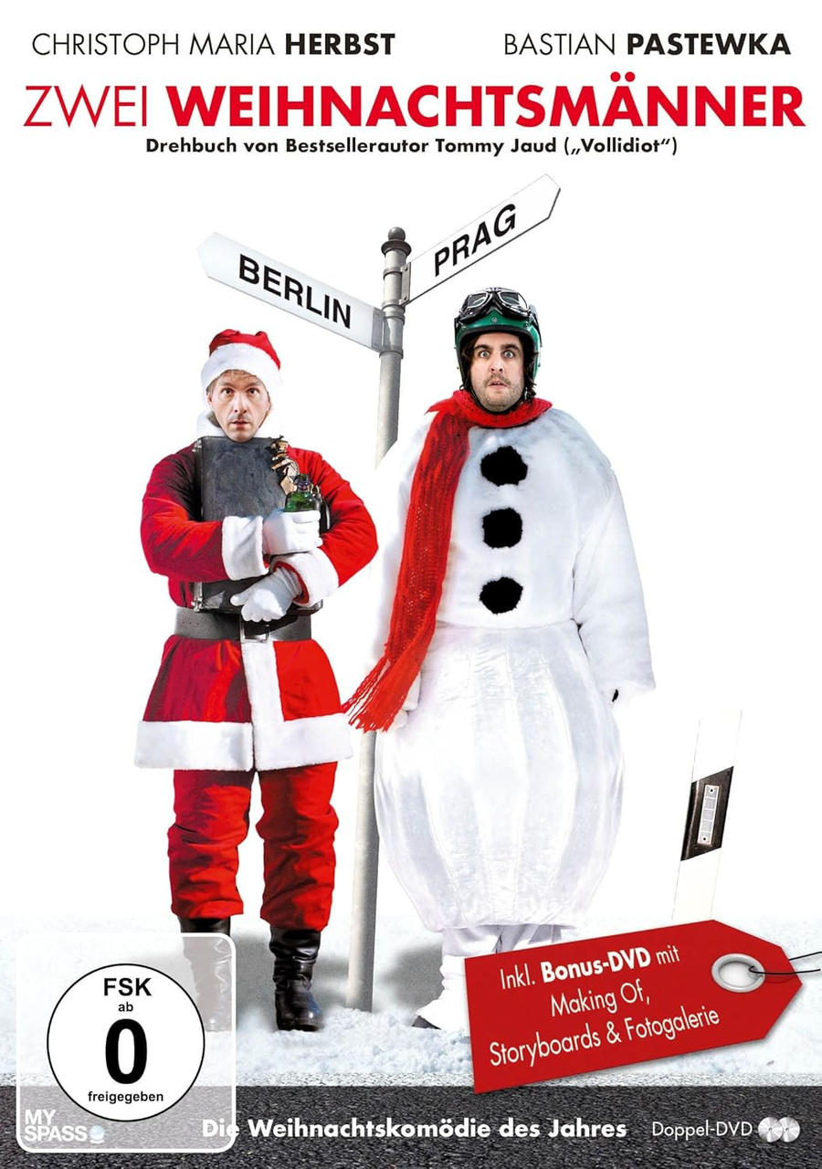 DVD-Hülle mit zwei Männern in Weihnachtskostümen. Enthält deutschen Text und eine '0'-Bewertung.