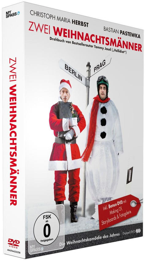 DVD-Box-Set mit zwei Männern in Santa- und Schneemannkostümen, mit Schild und Text.