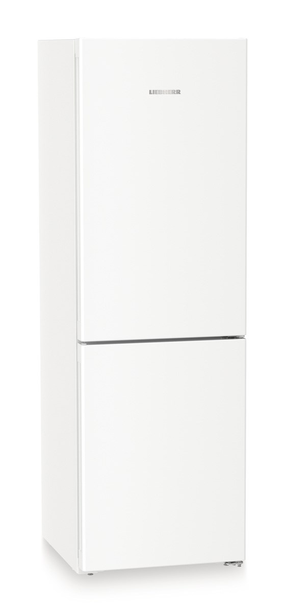 Weißer, zweitüriger Kühlschrank. Das Liebherr-Logo befindet sich auf der oberen Tür.
